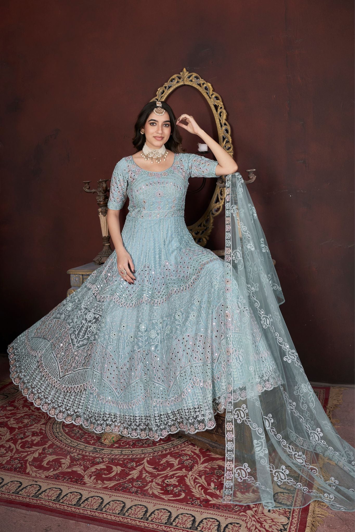 Sky Blue Sparkle Thread Embroidery With Zarkan And Mirror Work Gown