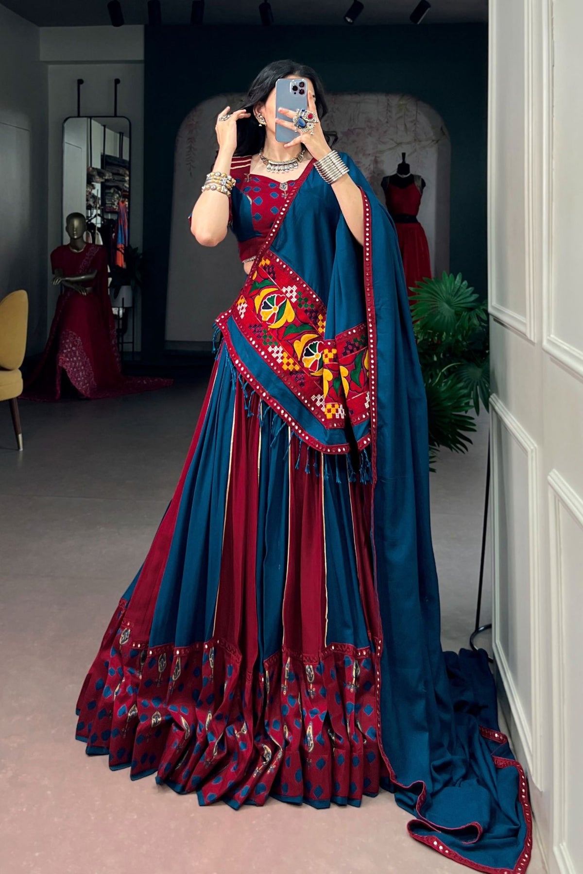 Teal Blue & Maroon Pure Rayon Gamthi Mirror Work Navratri Lehenga Choli