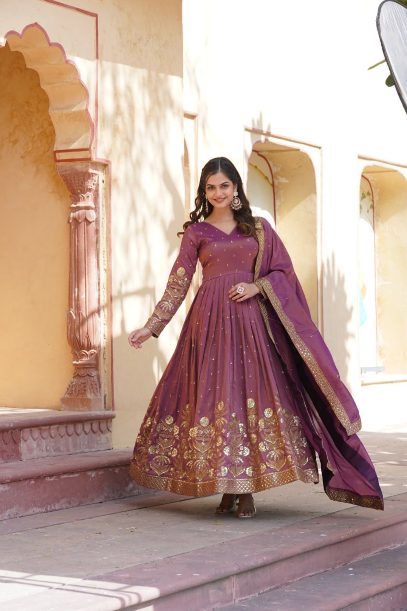 Viscose Embroidery Zari Sequins Work Gown With Dupatta Set