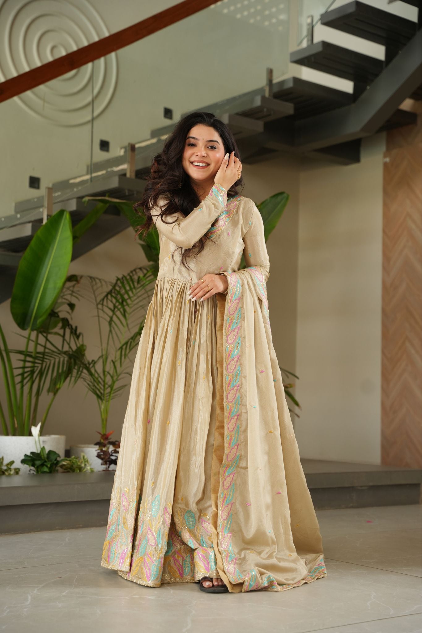 Premium Multi Thread Embroidered Work Stylish Gown With Dupatta Set