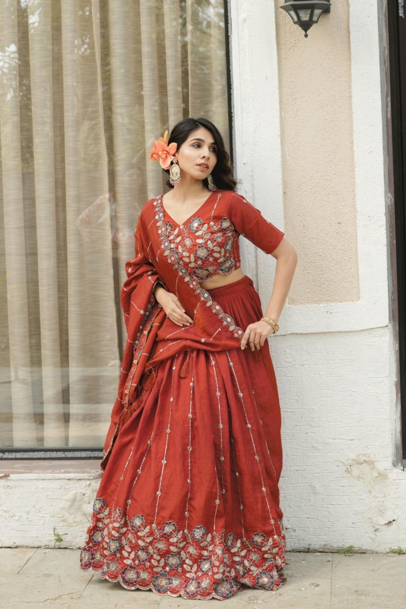 Luxury Rust Fenta Silk Lehenga Choli With Heavy Floral Embroidery And Designer Dupatta For Wedding Wear