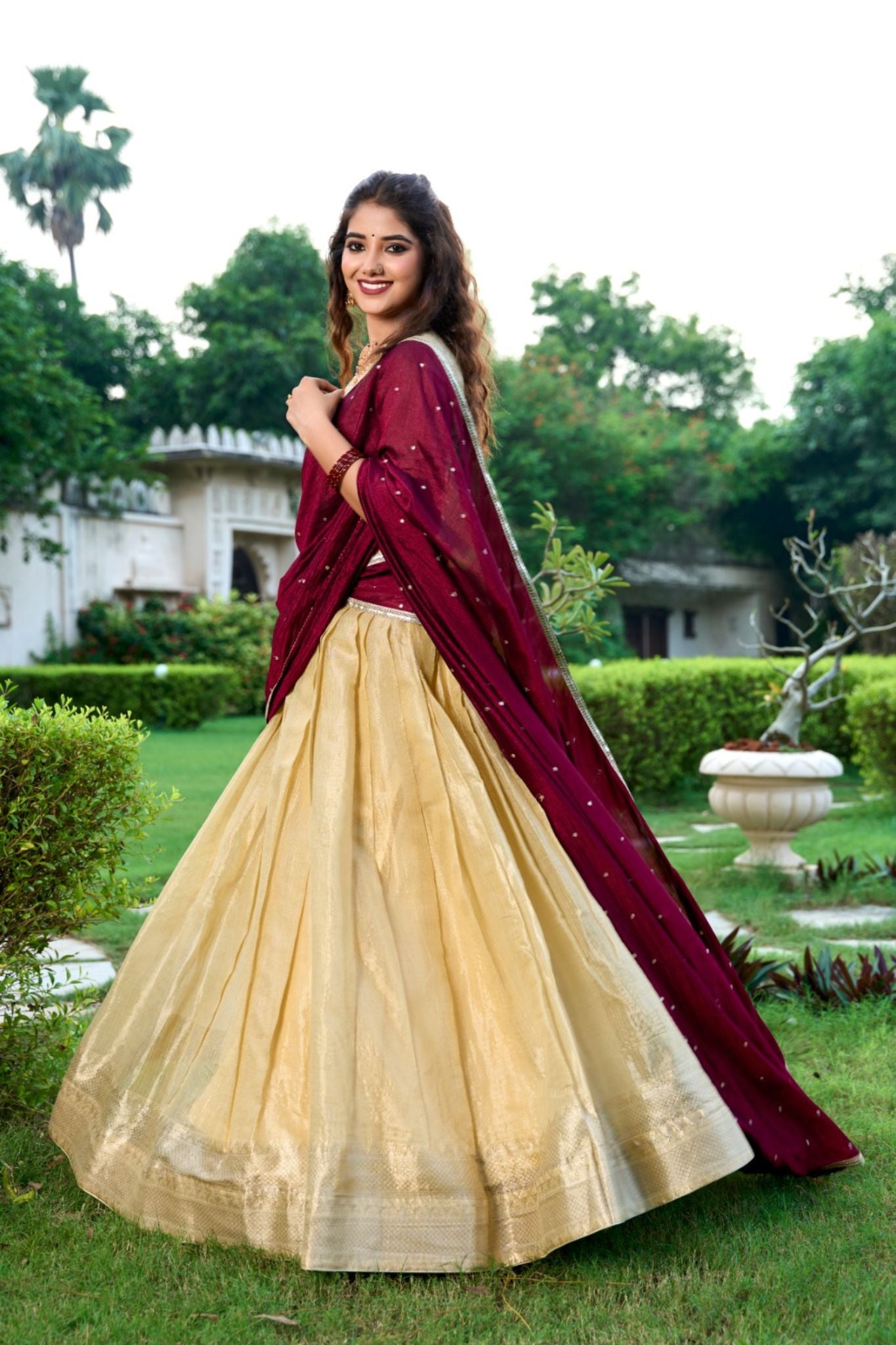 Kanchipuram Silk Lehenga Collection Green, Beige, and Pink with Contrasting Dupattas