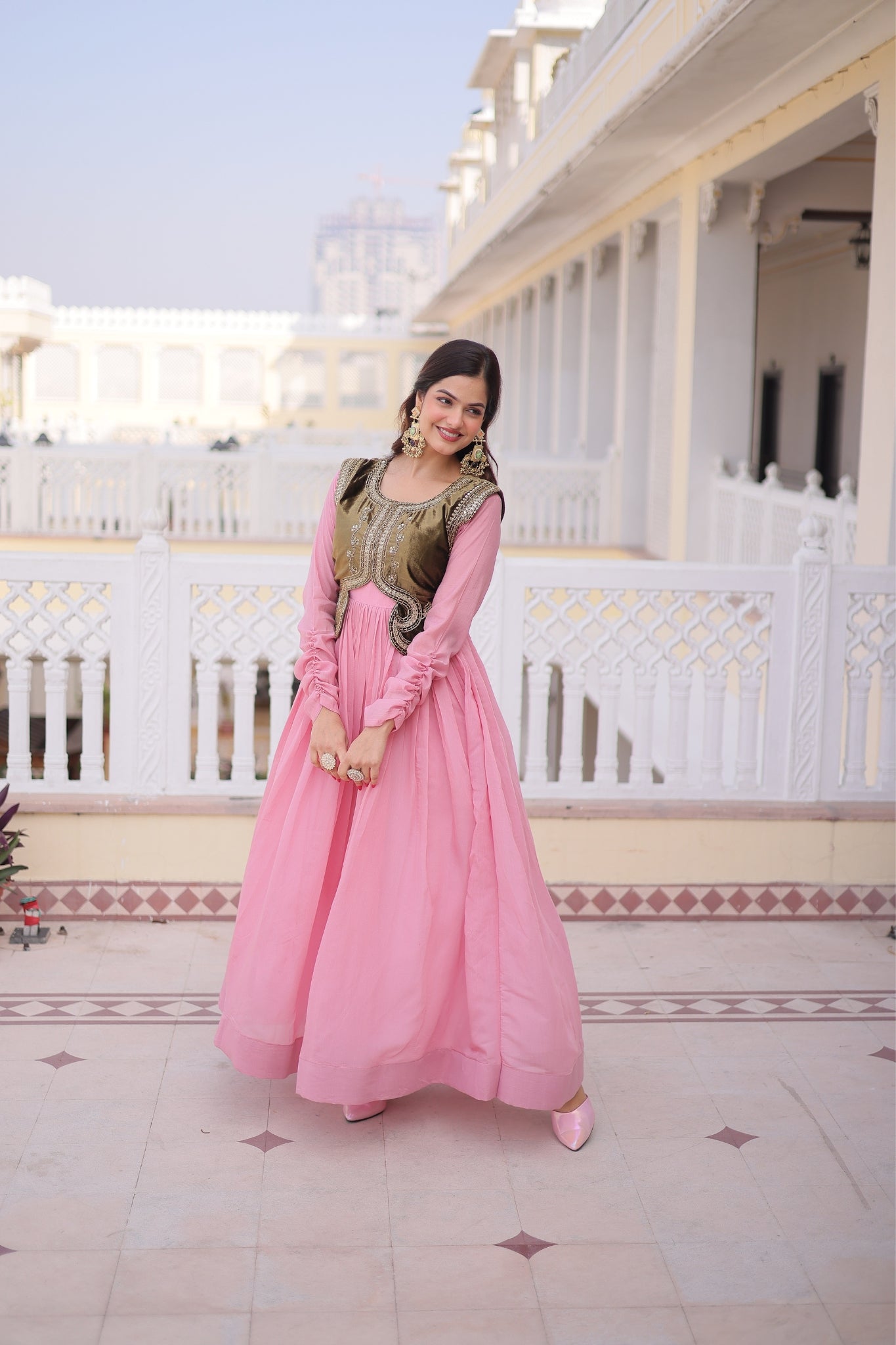Mal Chanderi Anarkali Gown With Velvet Koti For Women