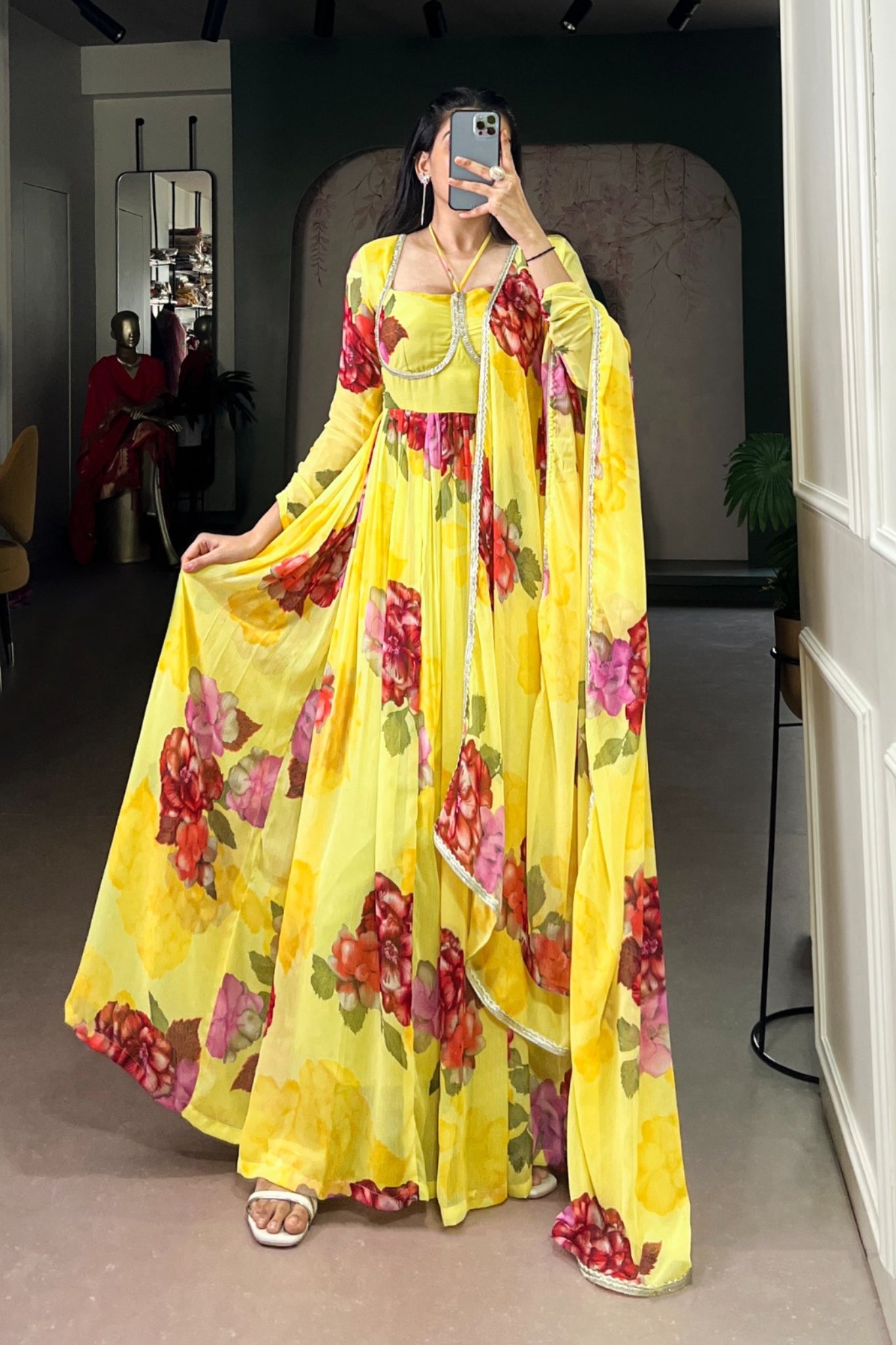 Premium Chiffon Floral Print Gown With Lace Detailing And Matching Dupatta
