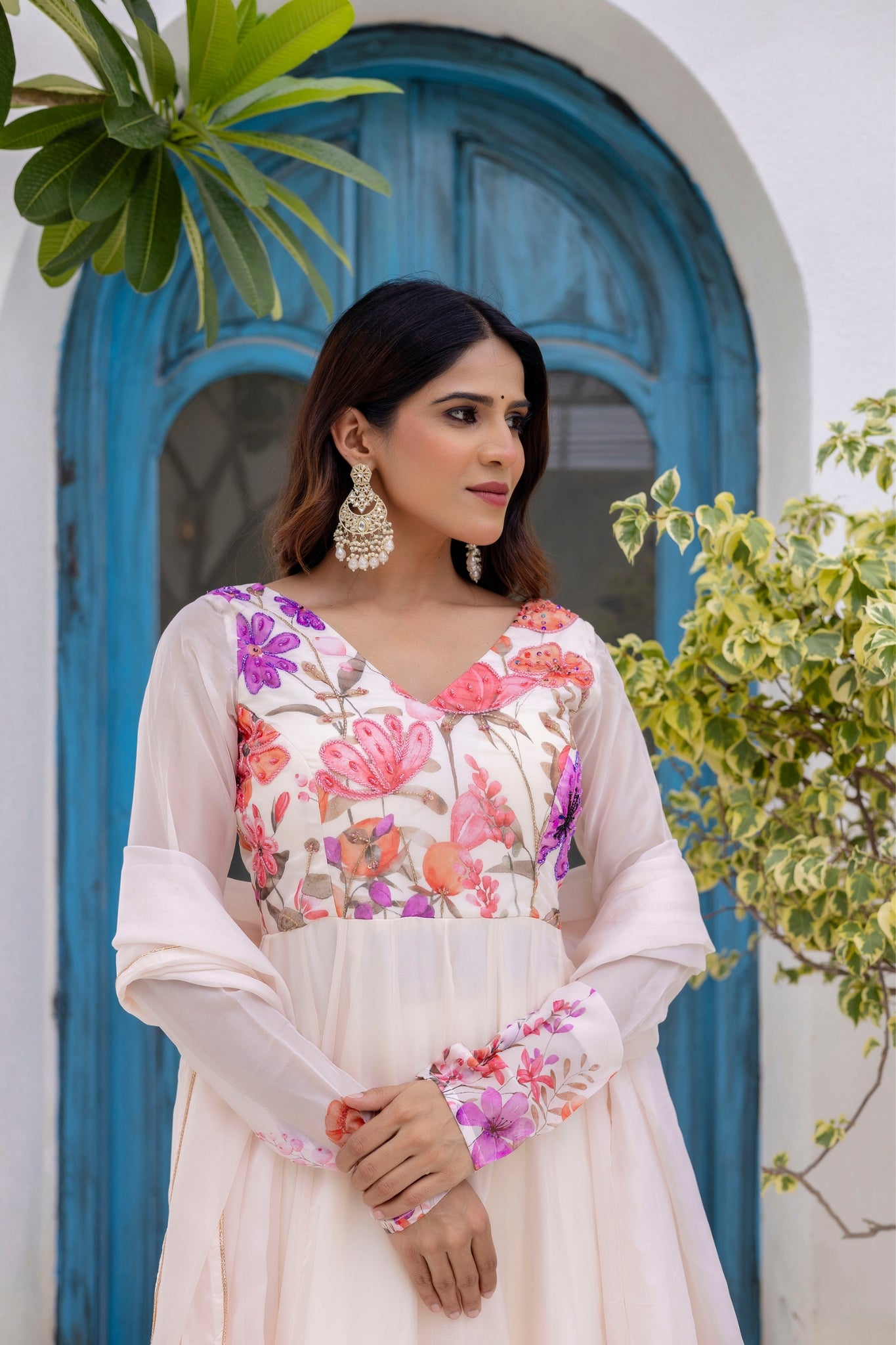 Luxury Floral Printed Organza Anarkali Set