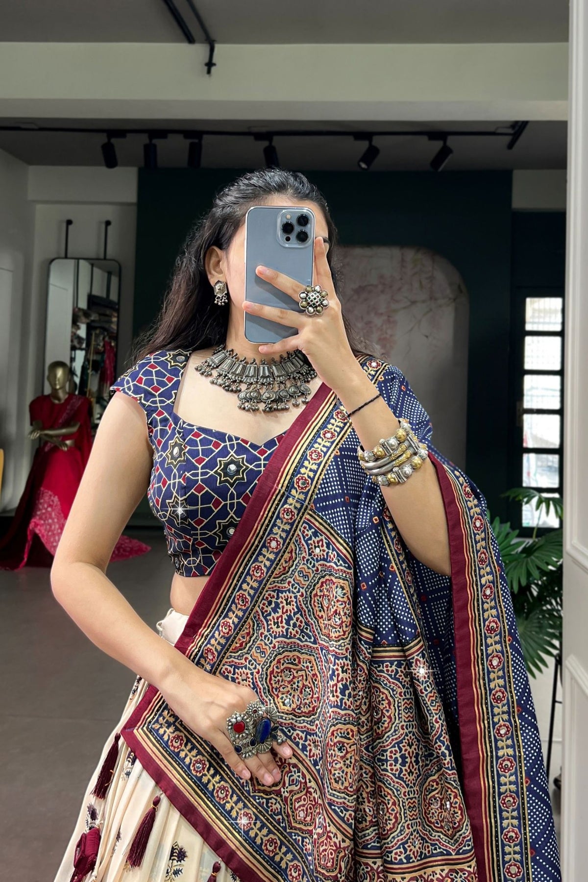 Designer Tasar Silk Ajrak Print Navratri Lehenga Choli