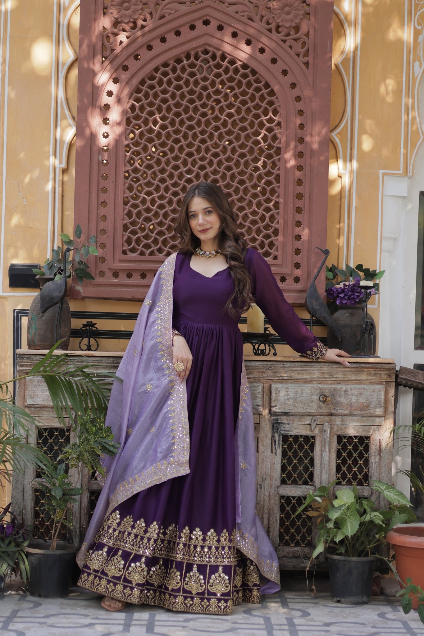Festive Elegance Georgette Embroidered Zari Sequins Work Wedding Gown With Dupatta Set