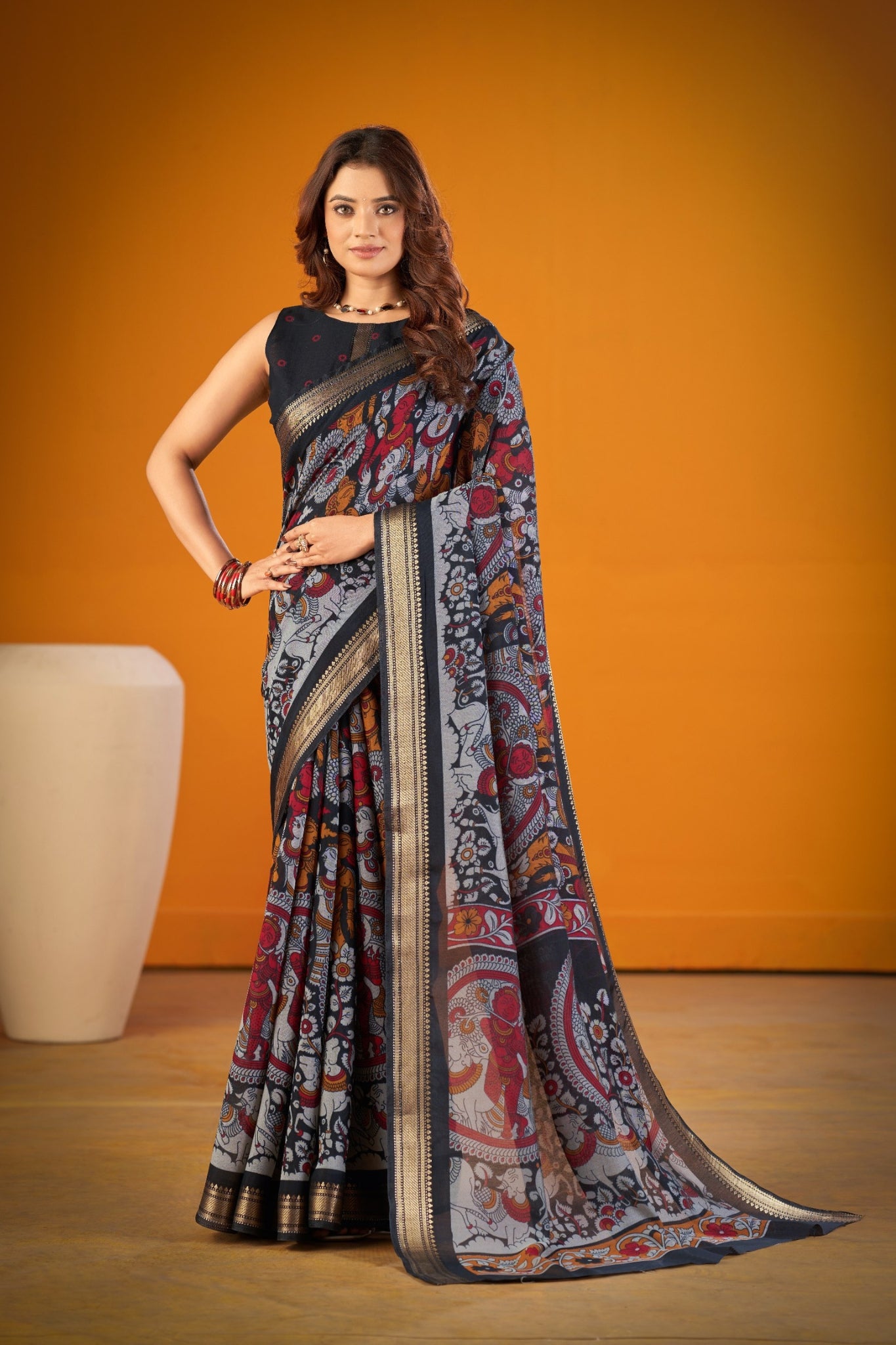 Elegant Kalamkari Chanderi Saree With Rich Zari Woven Border