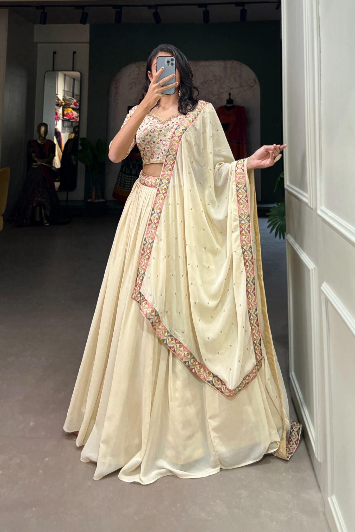 Off White Sequins Embroidery Work Lehenga Choli