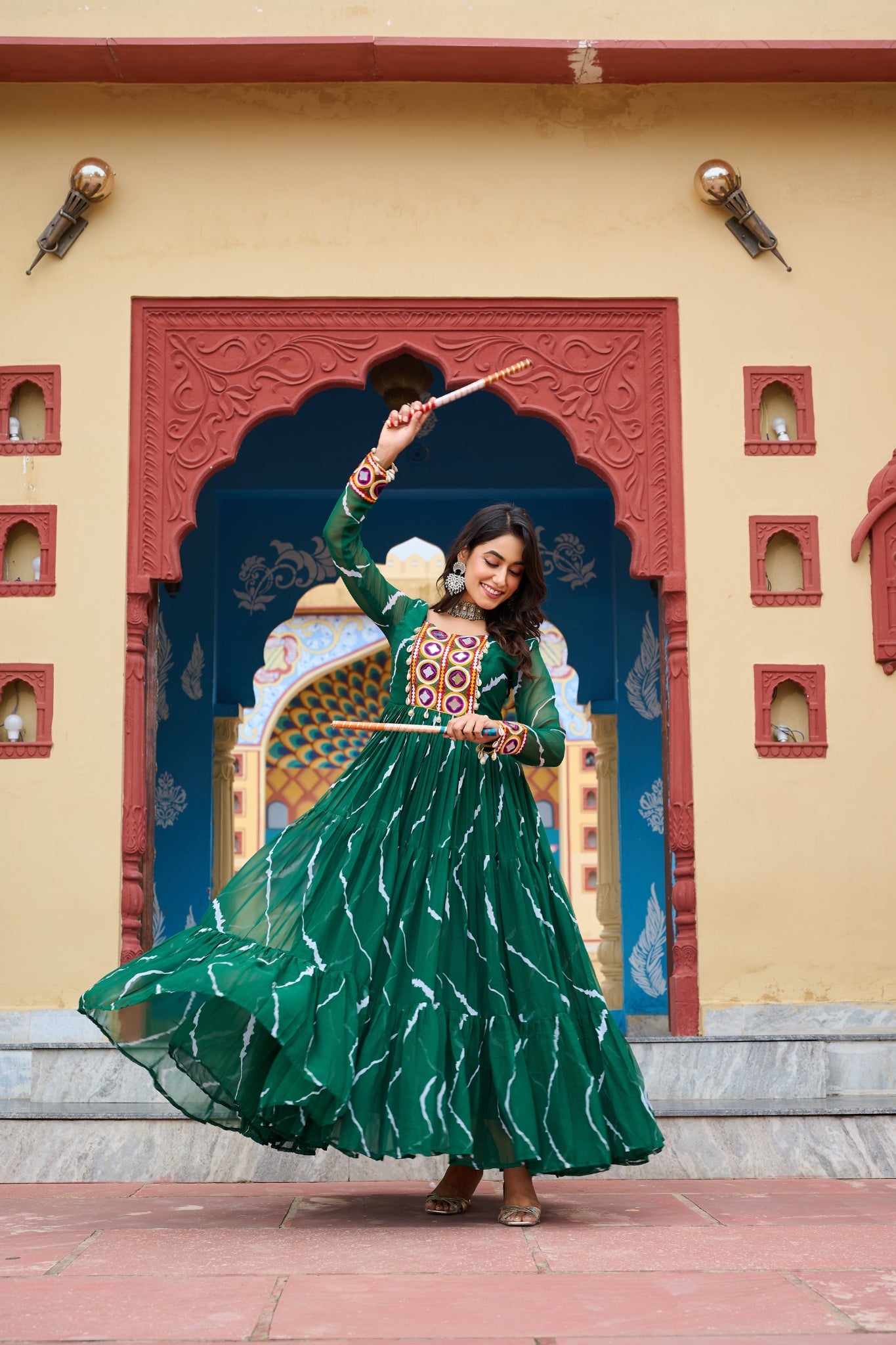 Stunning Laheriya Print With Kutchi Patch Work Georgette Stylish Navratri Gown