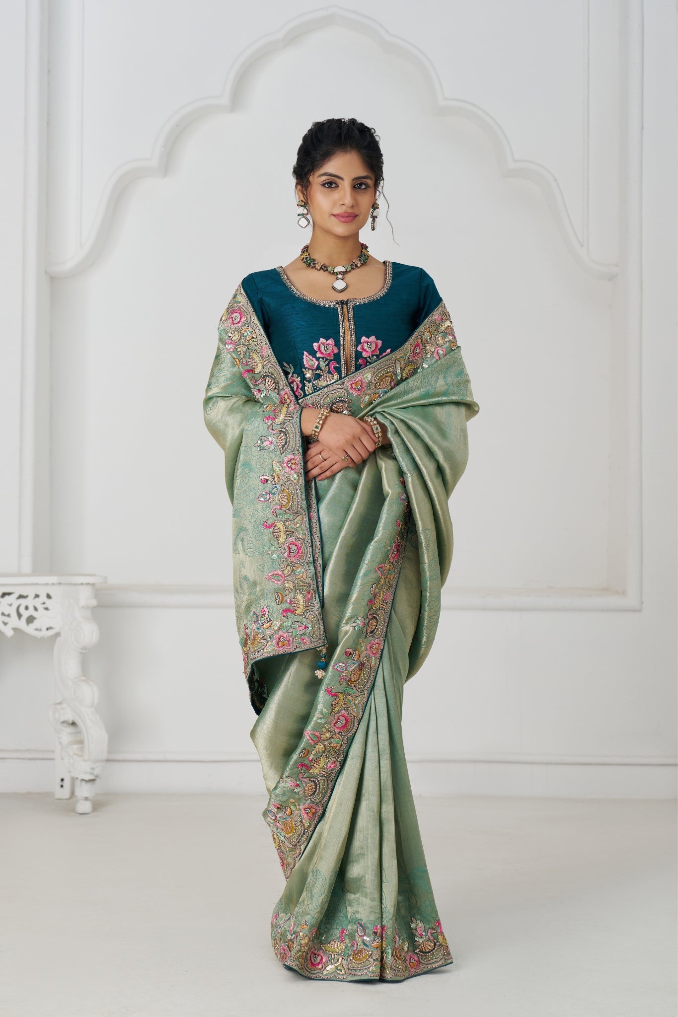 Green Luxury Wedding Saree With Multi-Thread Bead Embroidery & Sequin Work