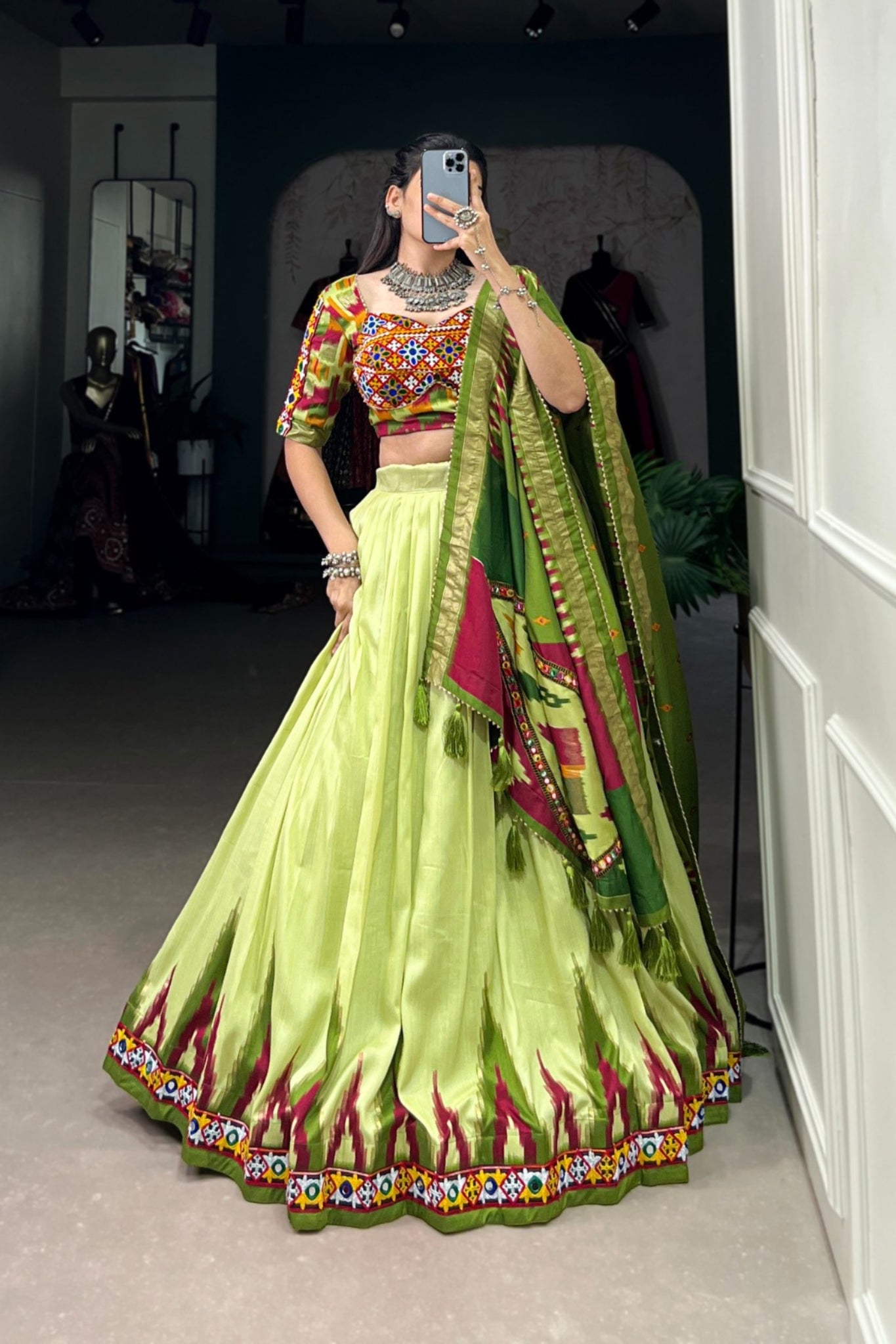 Elegance Luxurious Print With Foil And  Original Mirror Gamthi Work Lehenga Choli