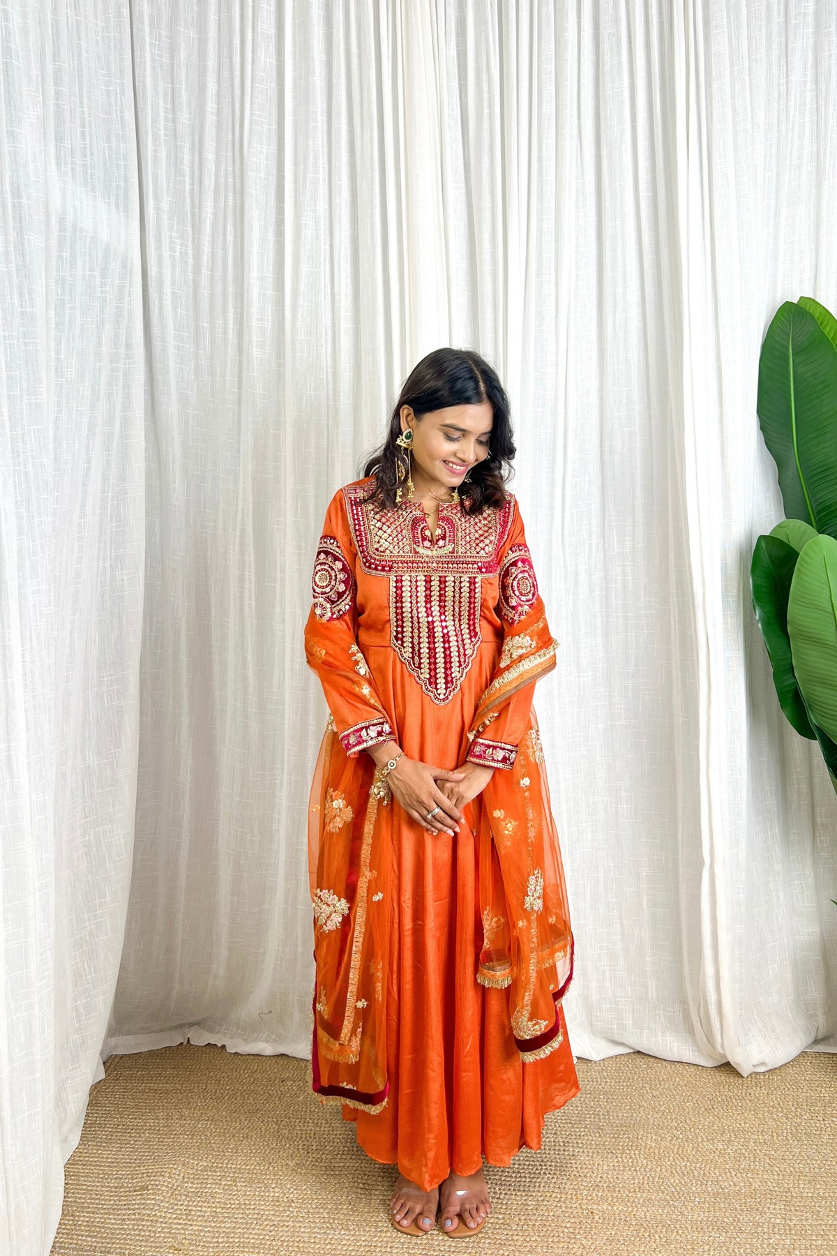 Designer Rust Orange Chinon Thread Embroidery With Real Mirror Work Anarkali Suit Set