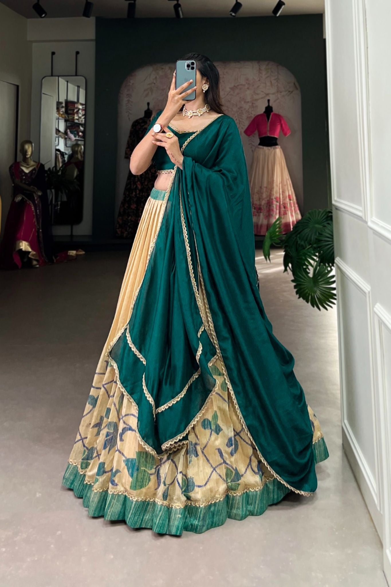 South Indian Style Green Silk Fabric Beautiful Lehenga Choli