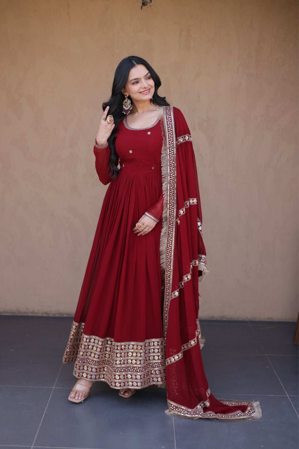 Designer Faux Blooming Anarkali Gown With Dupatta Set