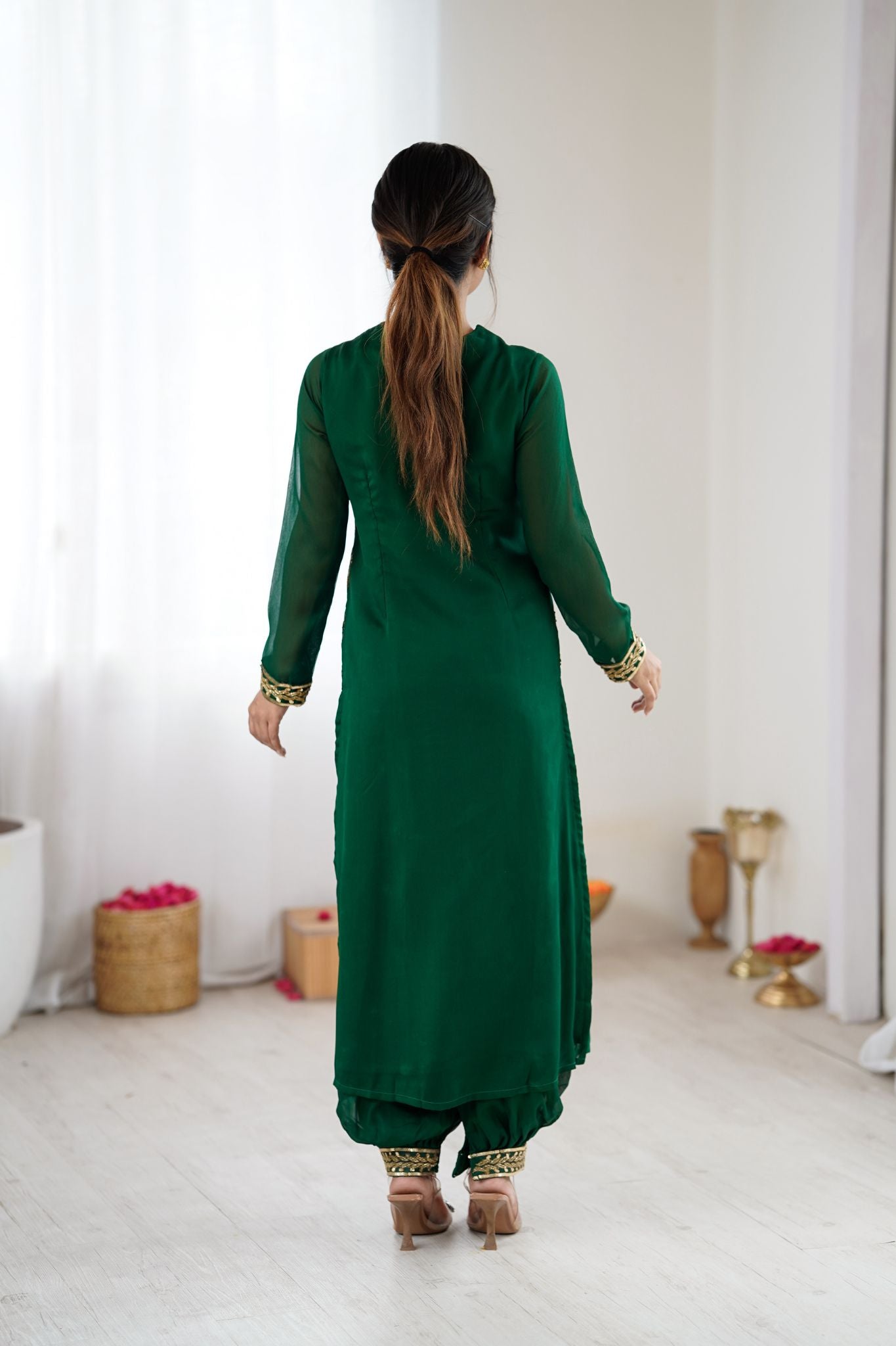 Emerald Green Floral Embroidered Designer Pure Georgette Kurta Set For Women