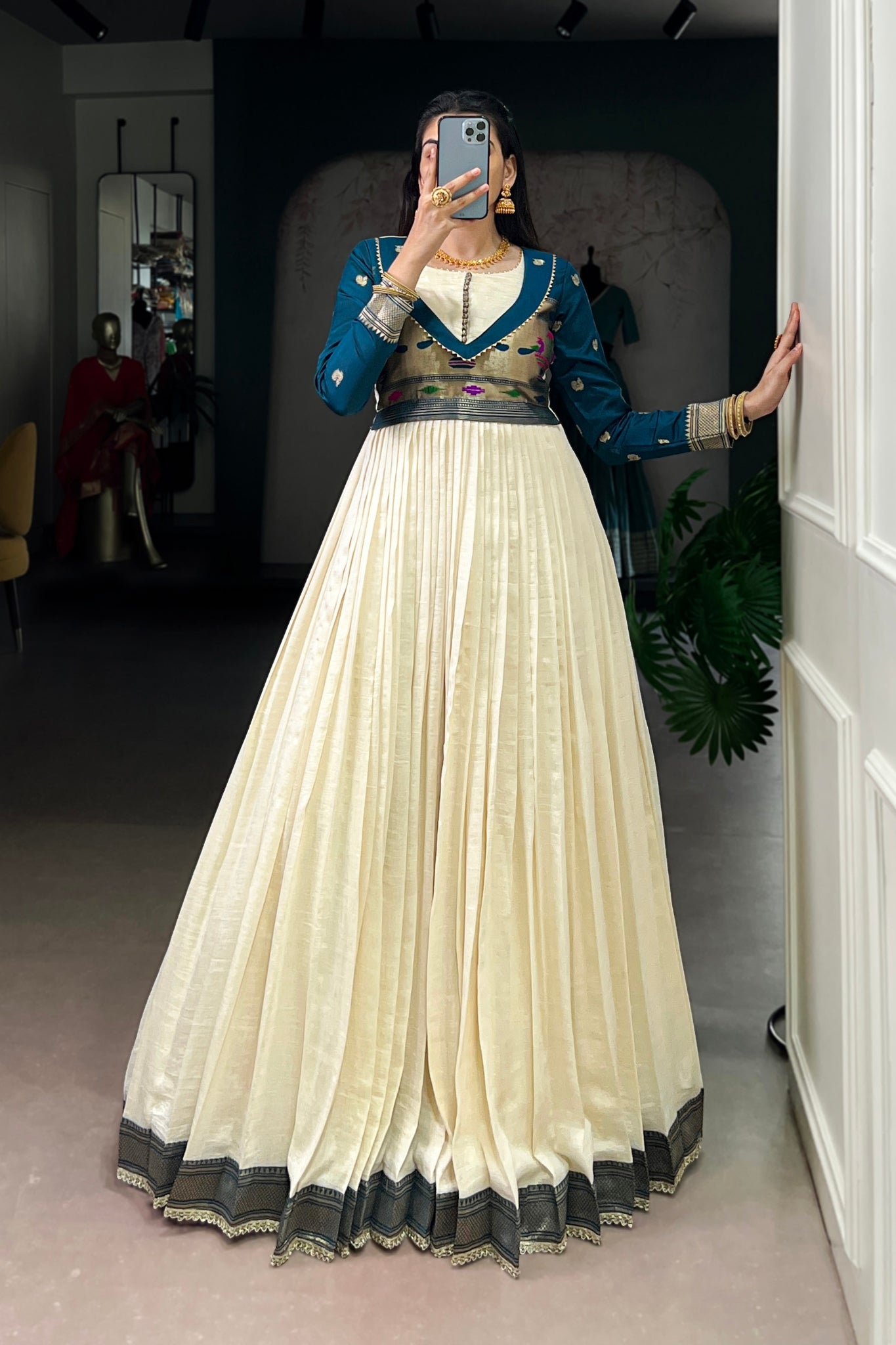 Off White Vichitra Silk Zari Woven Flared Dress With Lace Detailing