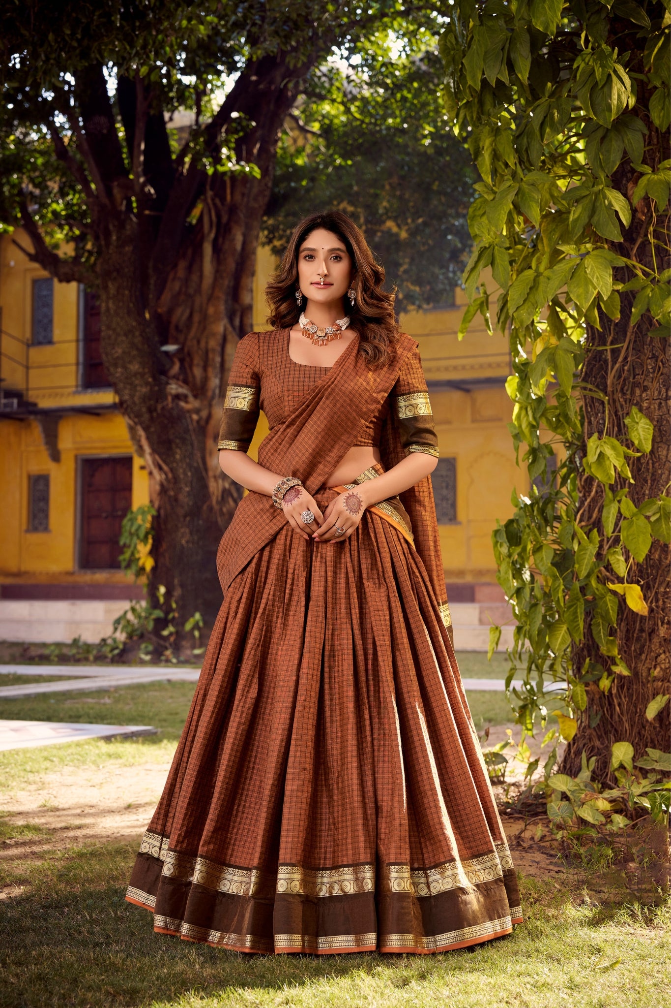 Premium Chettinad Cotton Zari Weaving South Indian Ethnic Lehenga Set