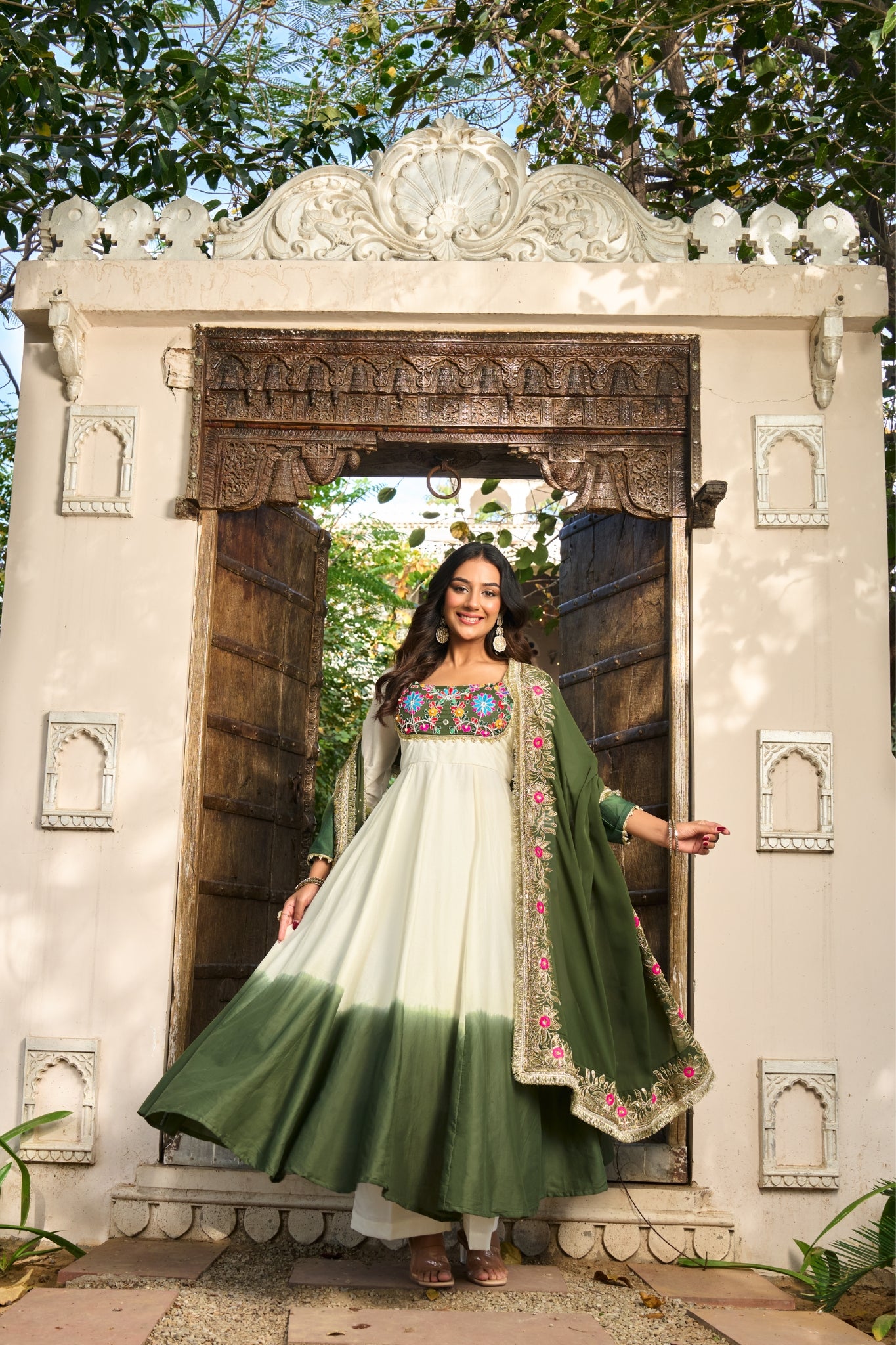 Designer Mul Chanderi Anarkali Suit Set With Palazzo Dupatta For Women