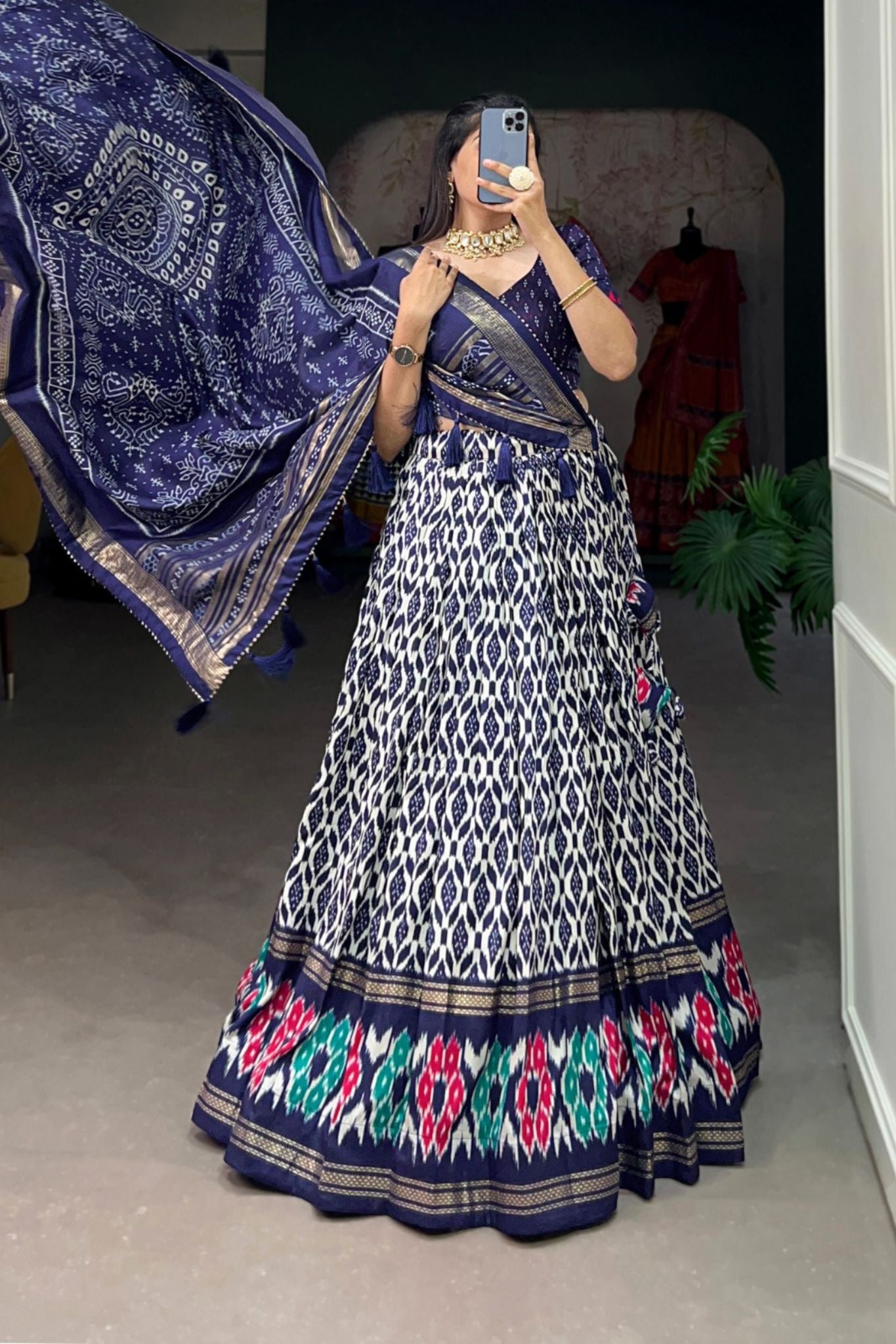 Stylish Ikkat Print Foil Work Lehenga Choli