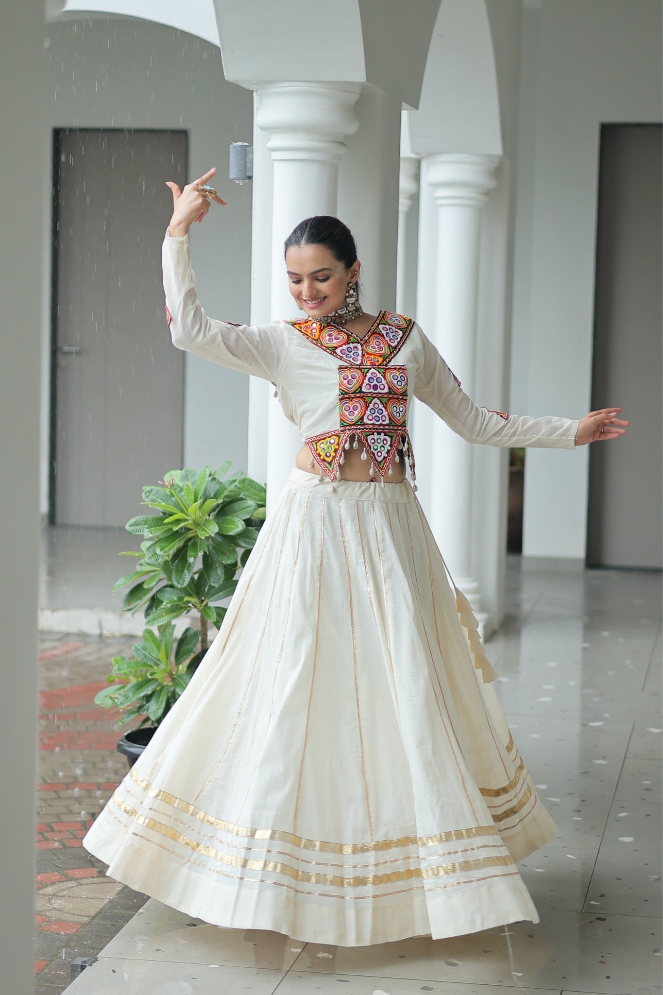 Off White Cotton Kutchi Gamthi Work With Gota Patti Lace Touch up Navratri Designer Lehenga choli