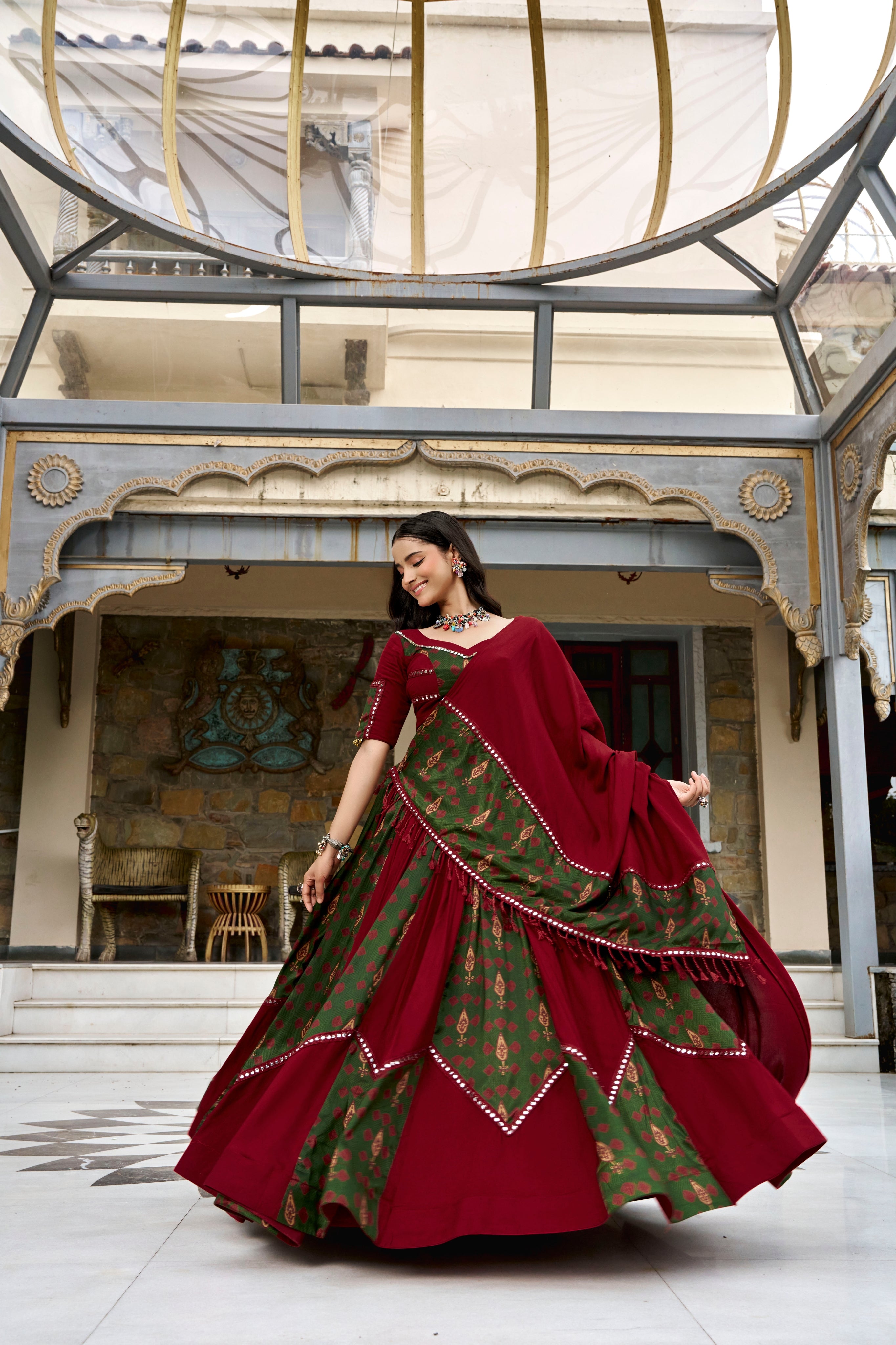 Navratri Special Raasrang Designer Maroon & Green Ajrakh Print PureRayon Lehenga Choli