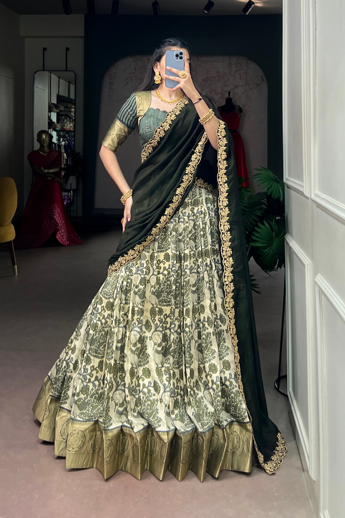 Designer Peacock Floral Print Half Saree Lehenga Choli