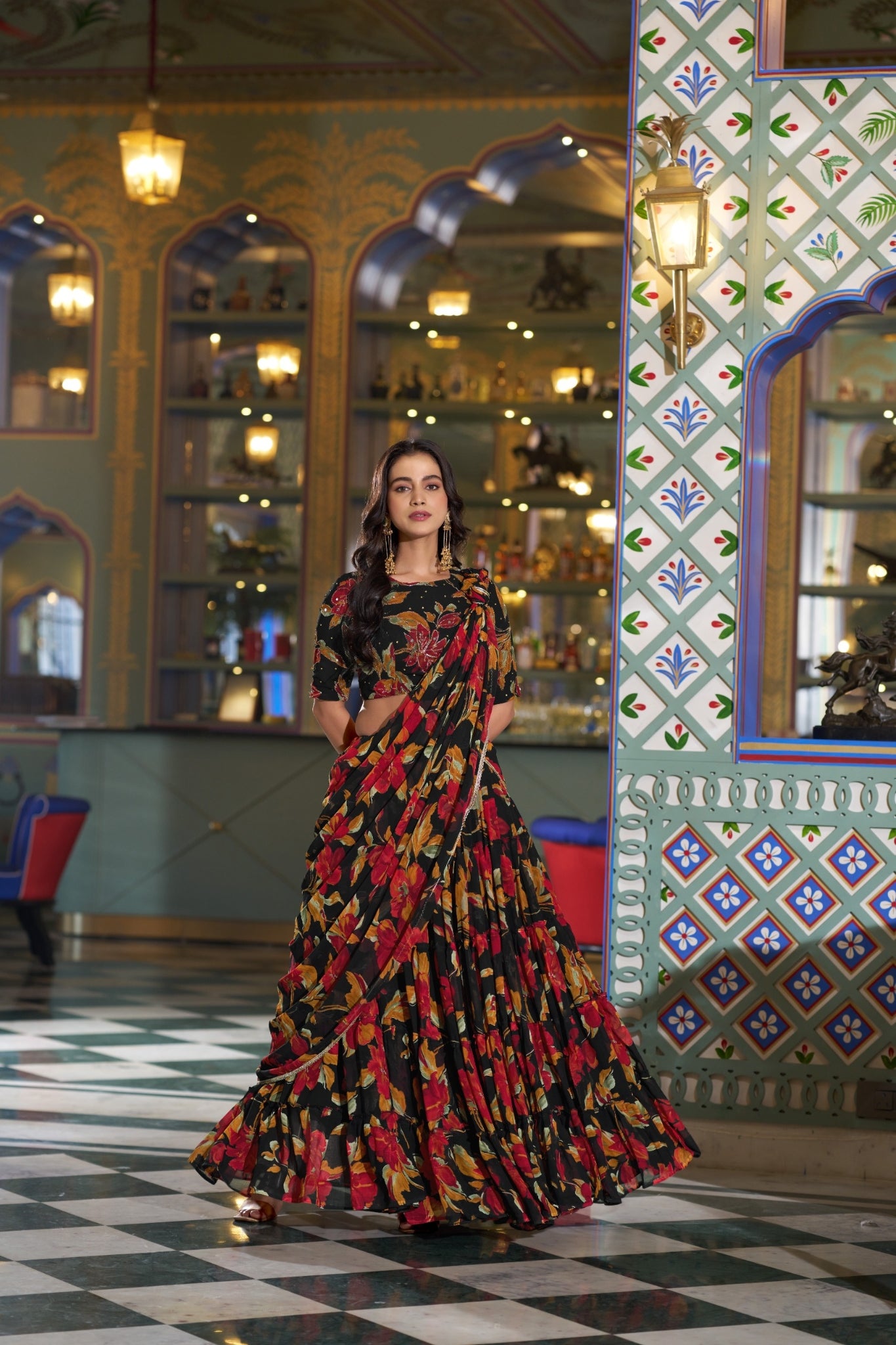 Floral Marble Print Lehenga Choli Set For Women