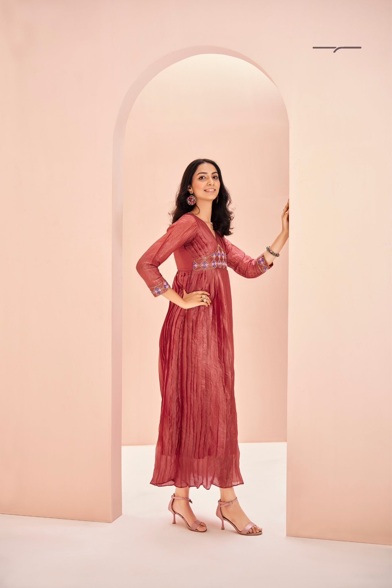 Coral Organza Designer Handwork Yoke Dress