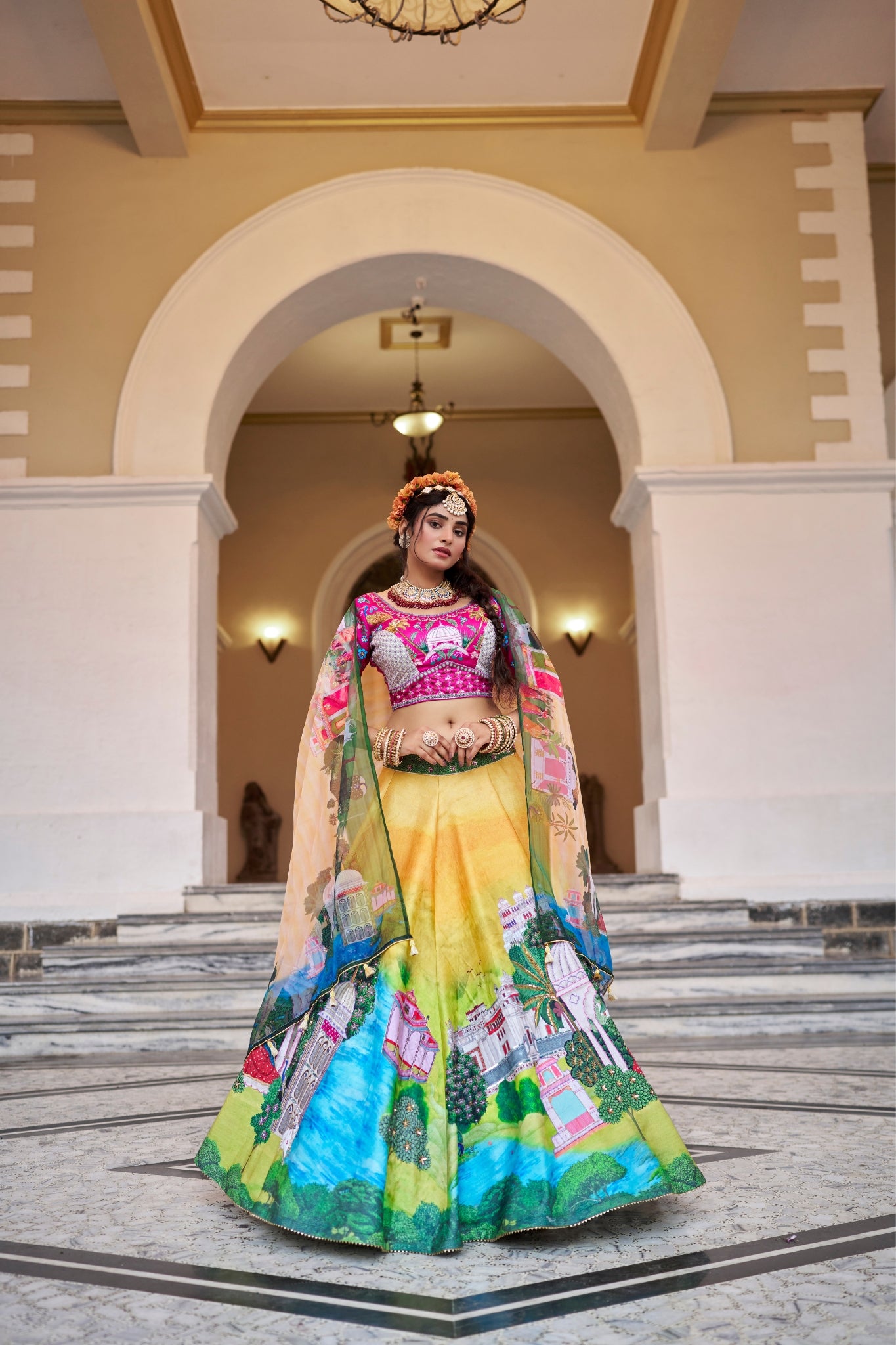 Royal Yellow Art Silk Heritage Lehenga Set With Architectural Digital Prints Organza Dupatta