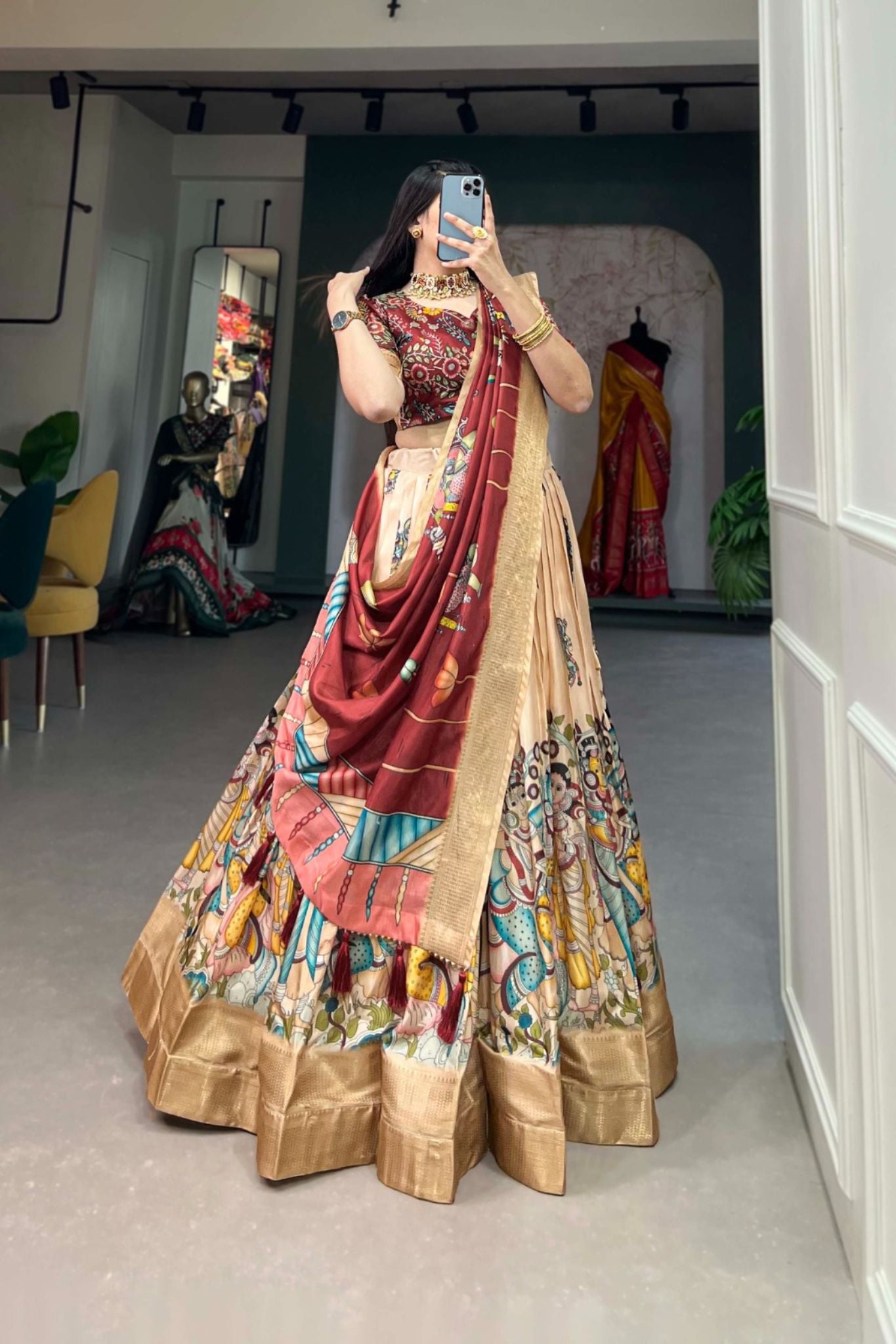 Designer Kalamkari Printed Dola Silk Lehenga Choli