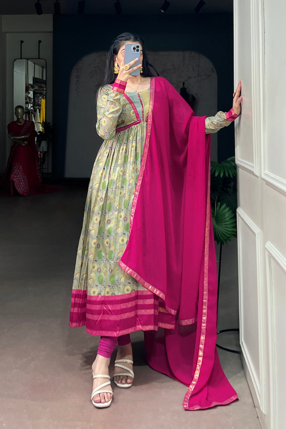Tasar Silk Floral Print Anarkali Dress with Foil Work & Georgette Lace Border Dupatta
