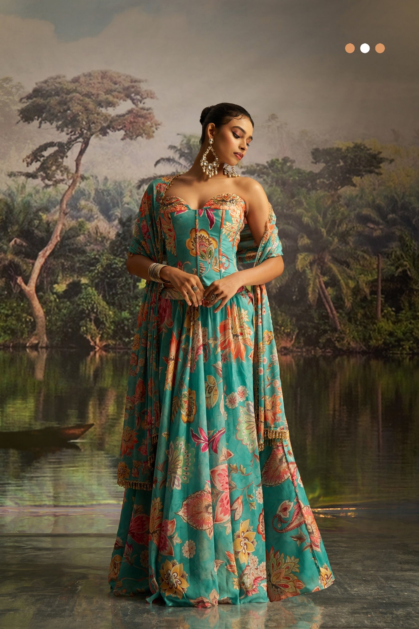 Mint Blue Floral Georgette Lehenga Set With Handwork And Corset Blouse