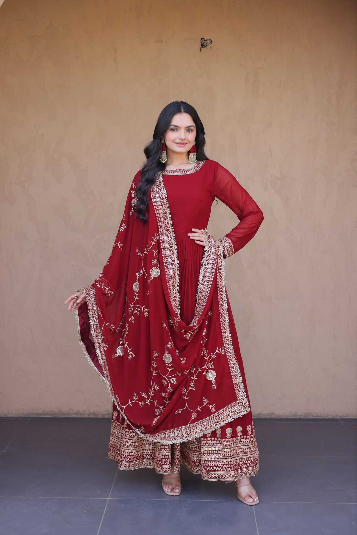 Maroon Designer Anarkali Gown with Dupatta Set