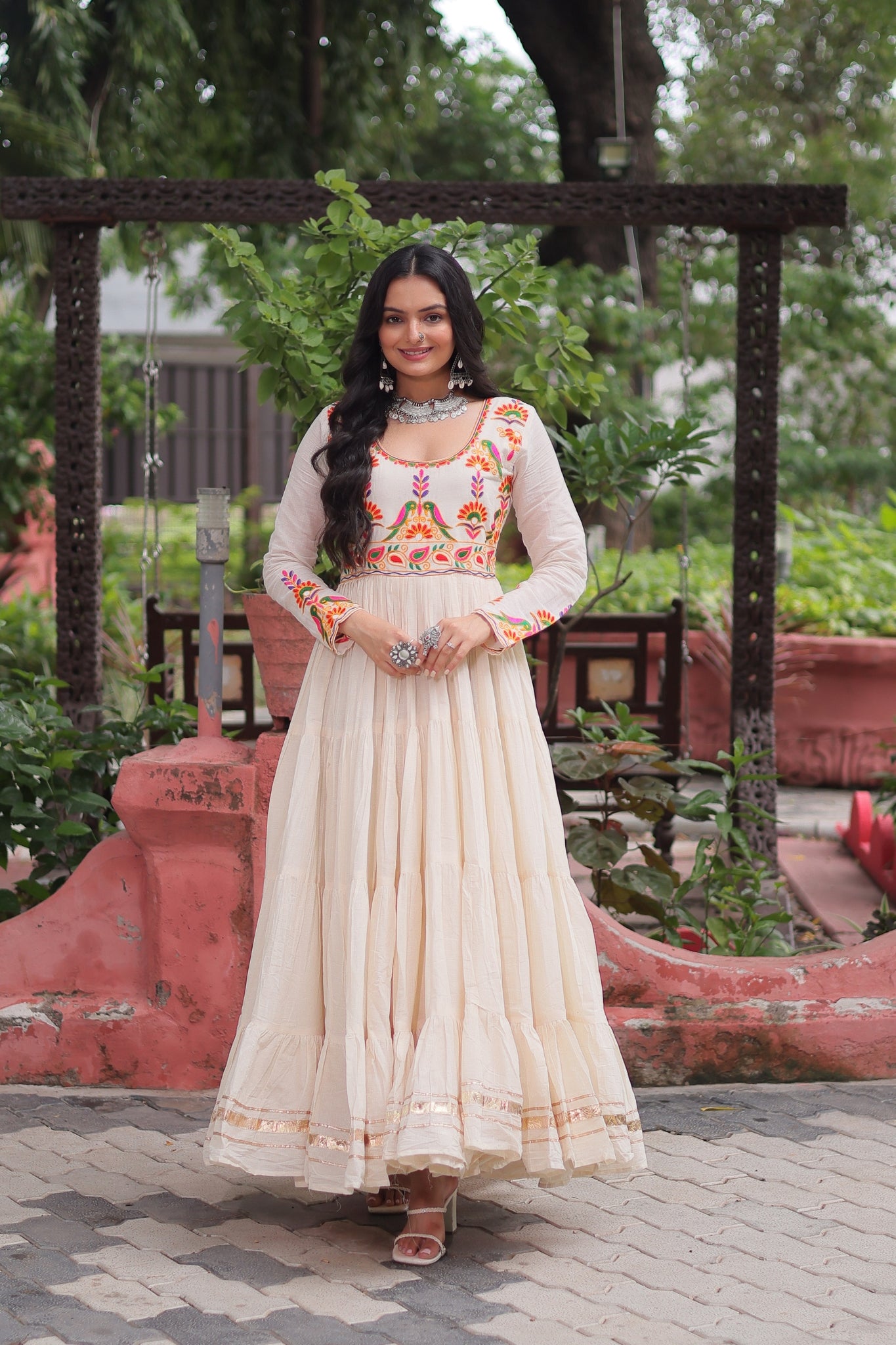Off White Navratri Designer Multi Thread Embroidered With Gota Patti Work Cotton Gown