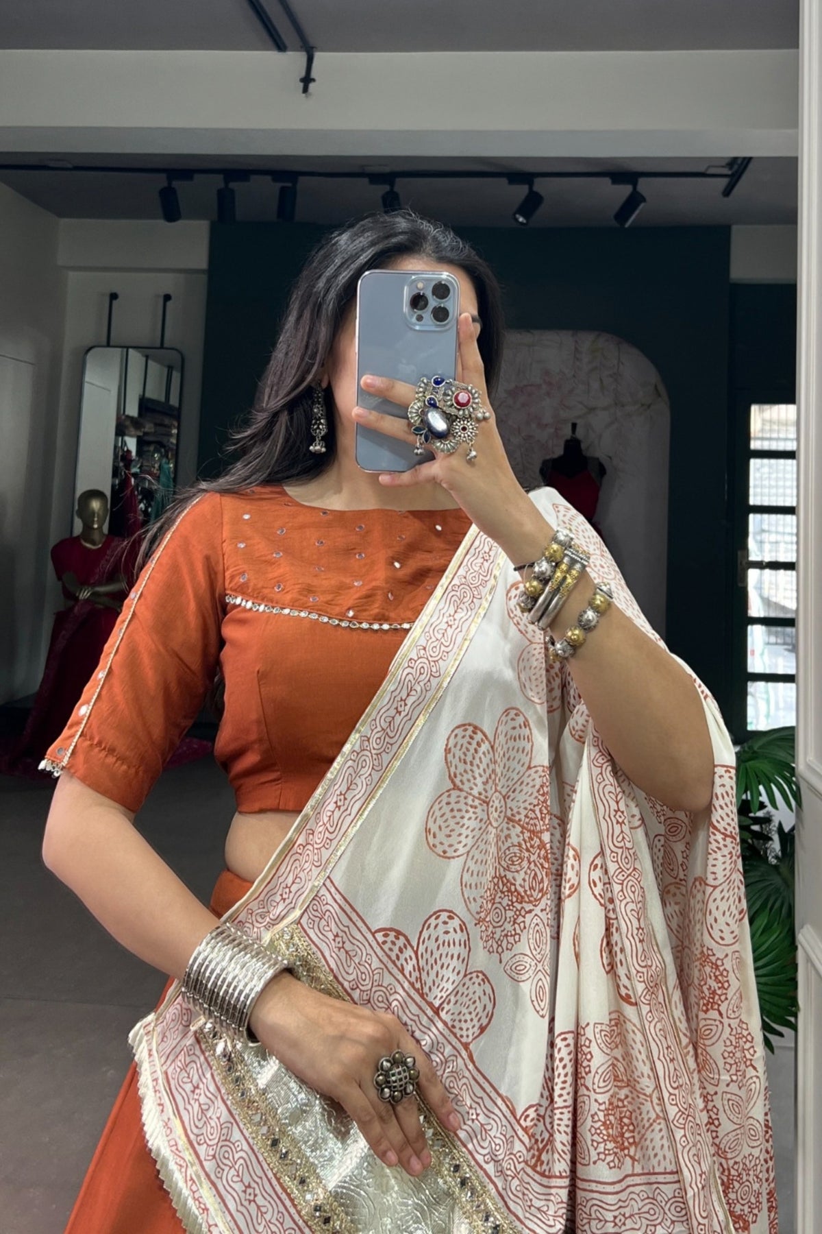 Designer Satin Silk Lehenga Choli With Floral Printed mirror Work Detailing Dupatta