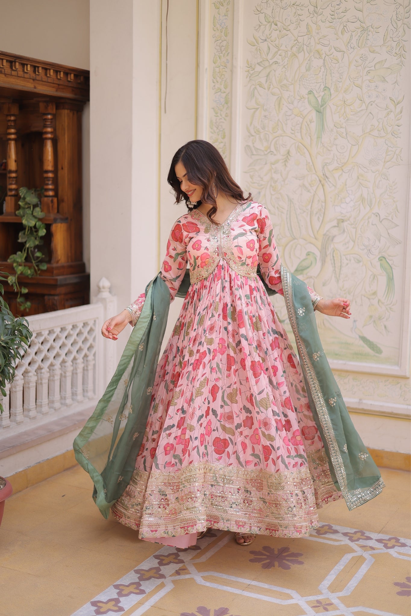 Designer Zari Sequins Embroidery With Printed Russian Silk Anarkali Suit