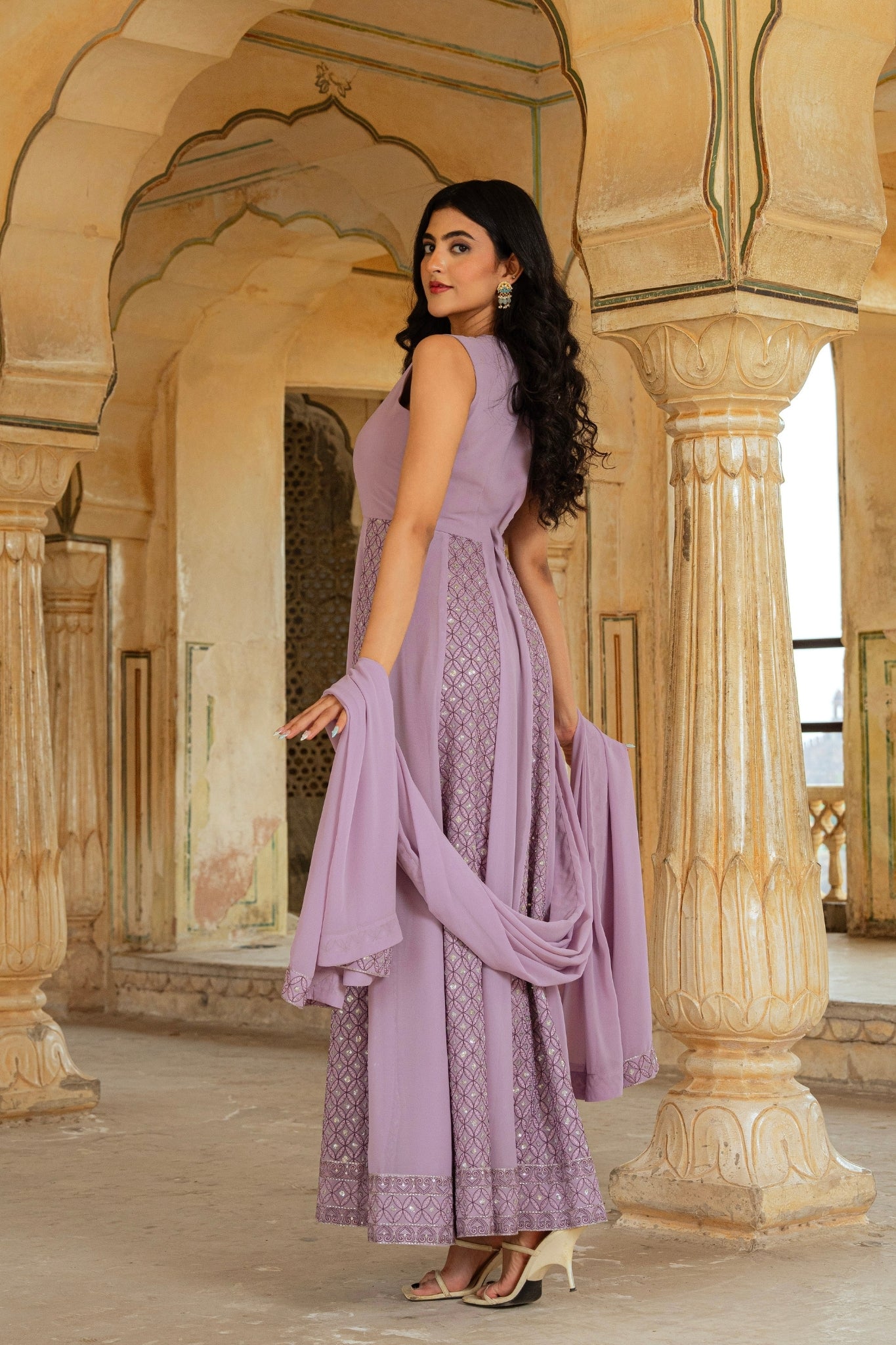Ethereal Lilac Georgette Anarkali With Intricate Geometric Embroidery