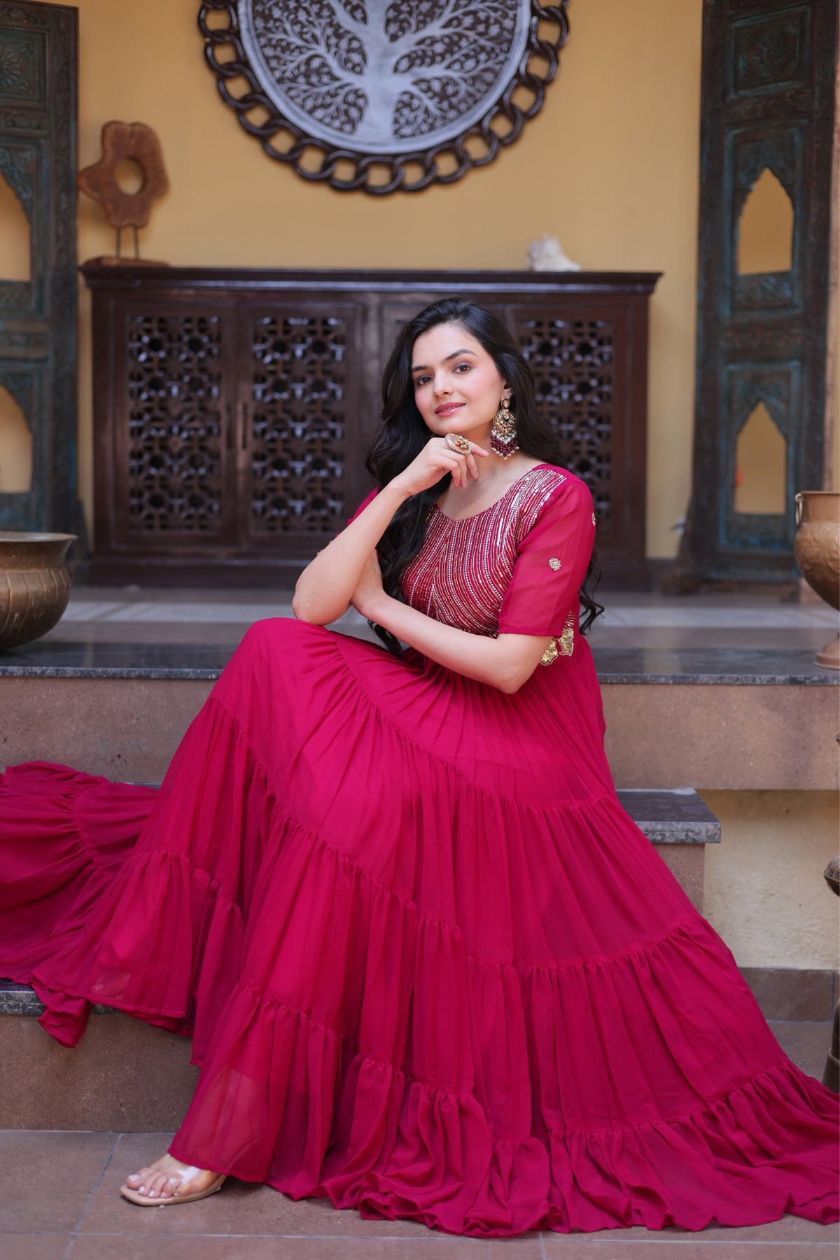 Rani Pink & Red Faux Blooming Designer Sequins Embroidered Tiered Flared Anarkali Gown