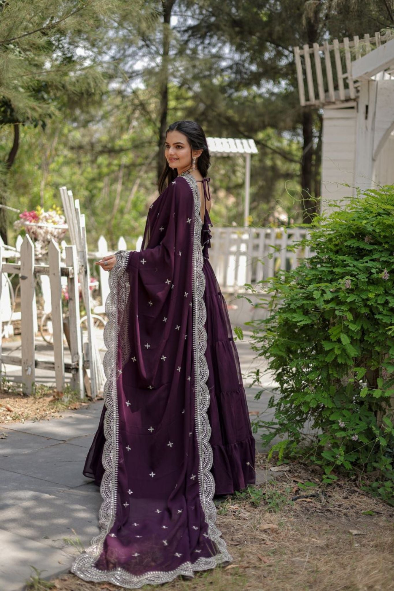 Stylish Women Tiered Gown With Dupatta Set