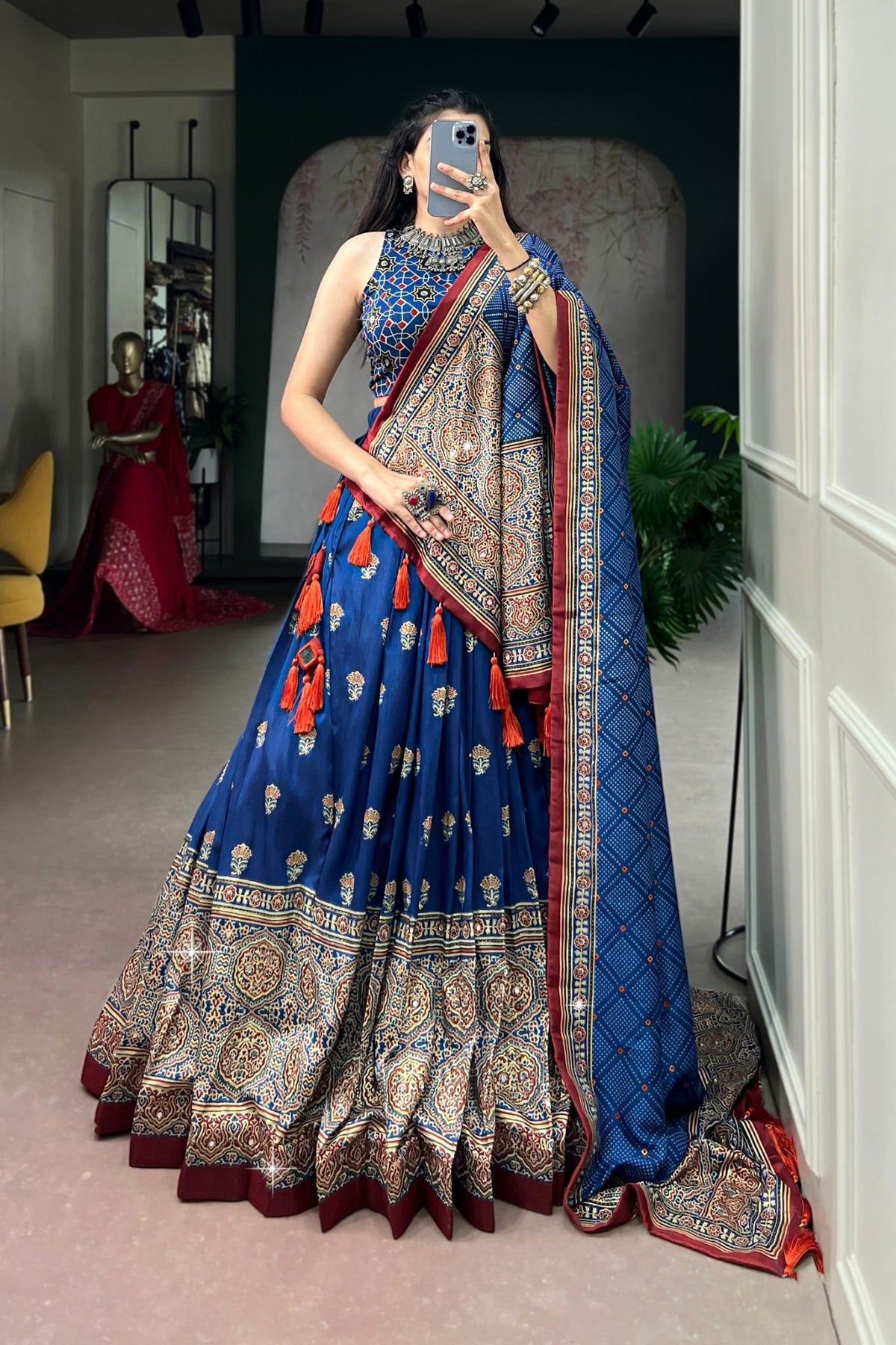 Designer Tasar Silk Ajrak Print Navratri Lehenga Choli