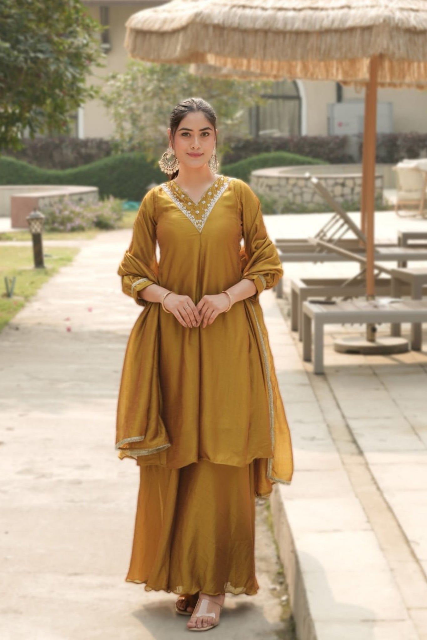 Royal V-Neck Embroidered Palazzo Suit Set With Designer Dupatta For Festive And Wedding Wear
