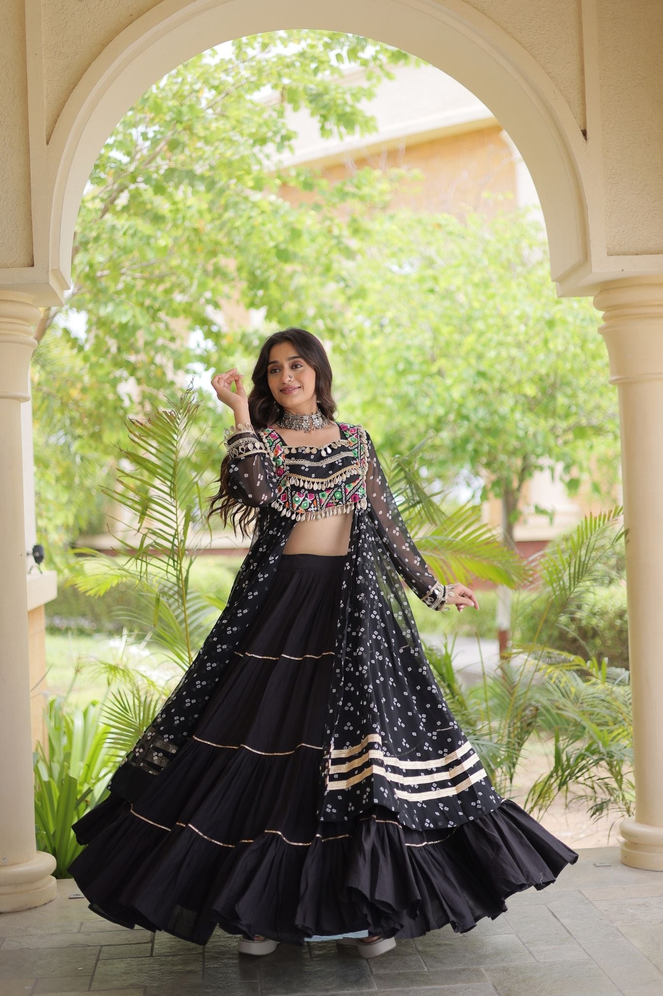 Raasrang Special Navratri Designer Kora Cotton Bandhani Print with Kutchi Patchwork Lehenga Choli