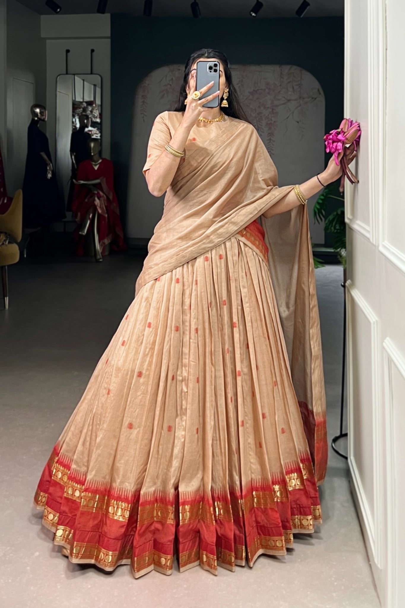 Pure Chanderi Zari Weaving Work South Indian Lehenga Choli