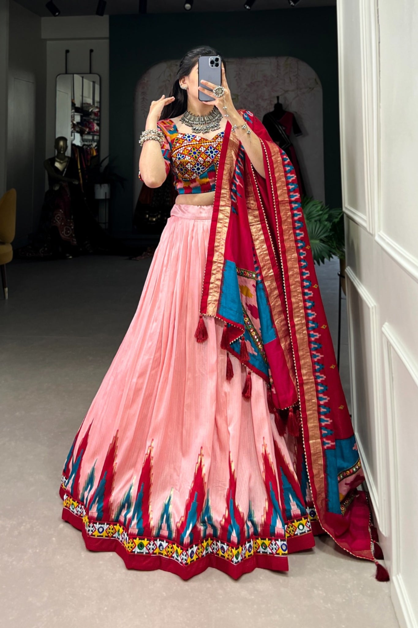 Elegance Luxurious Print With Foil And  Original Mirror Gamthi Work Lehenga Choli