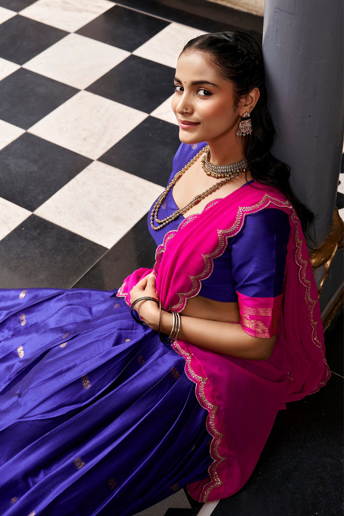 Buy South Indian Cotton Silk Lehenga Choli With Zari Woven Border