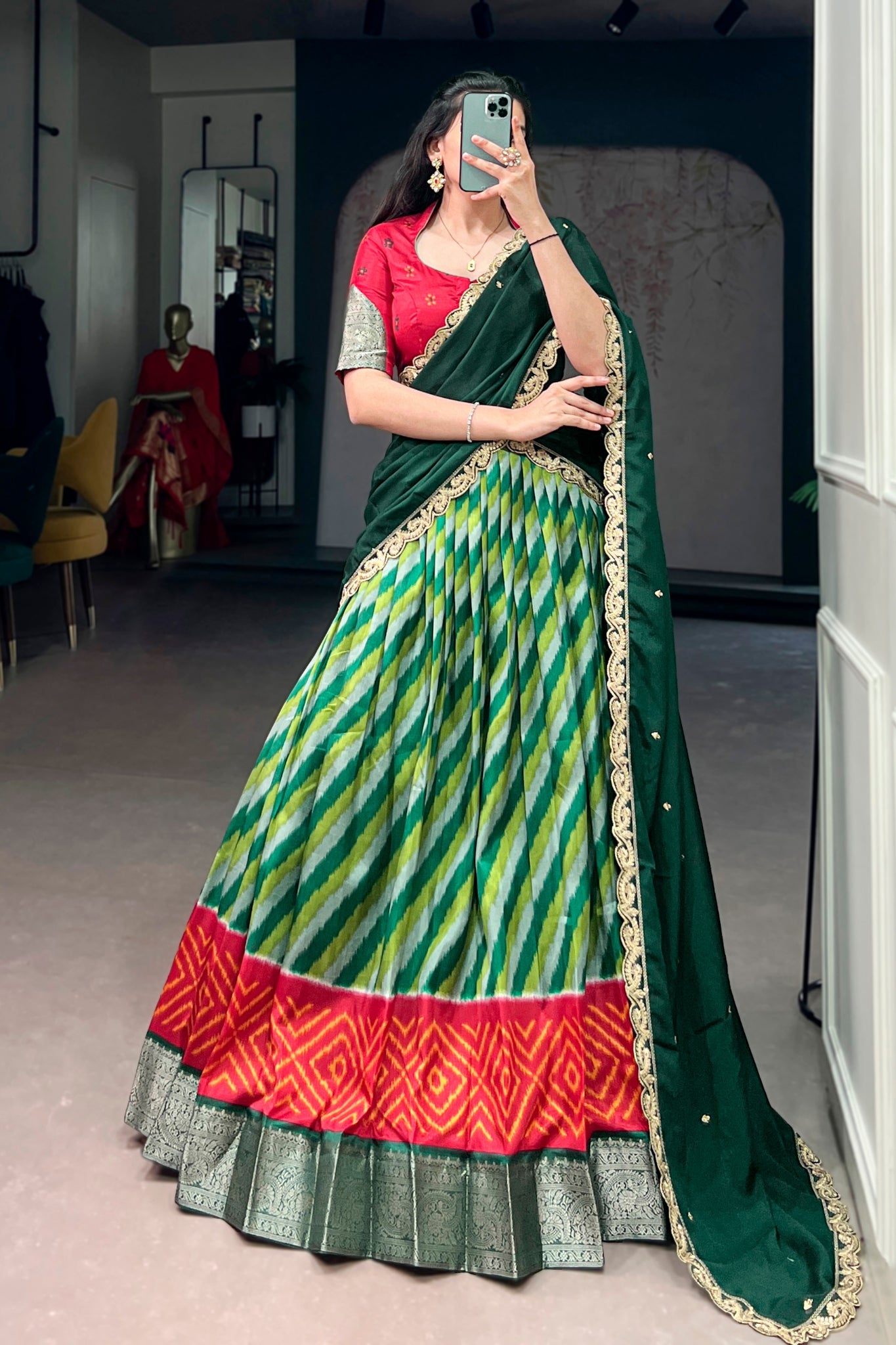 Designer Tasar Silk Leheriya Print Lehenga Choli