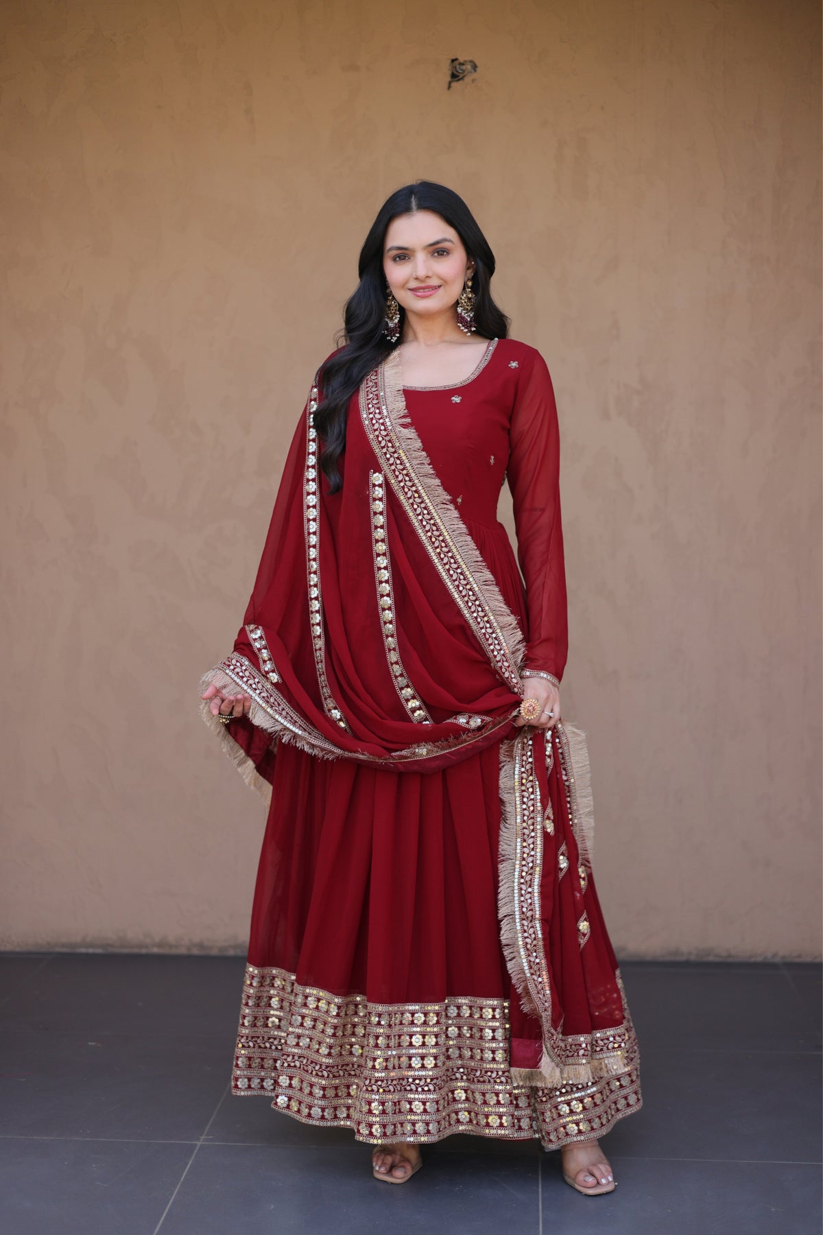 Designer Faux Blooming Anarkali Gown With Dupatta Set