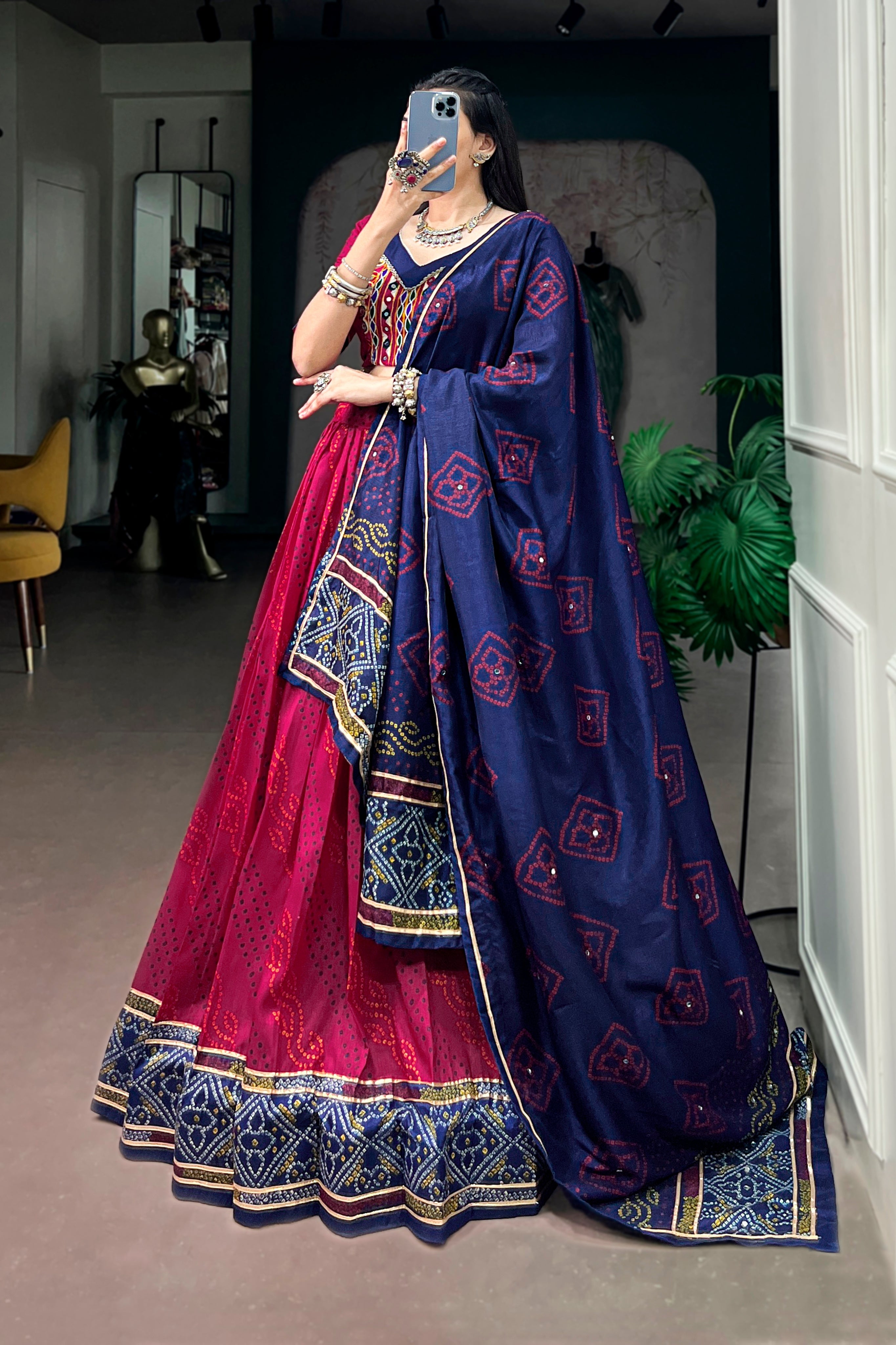Tasar Silk Bandhani Print Designer Lehenga Choli for Navratri