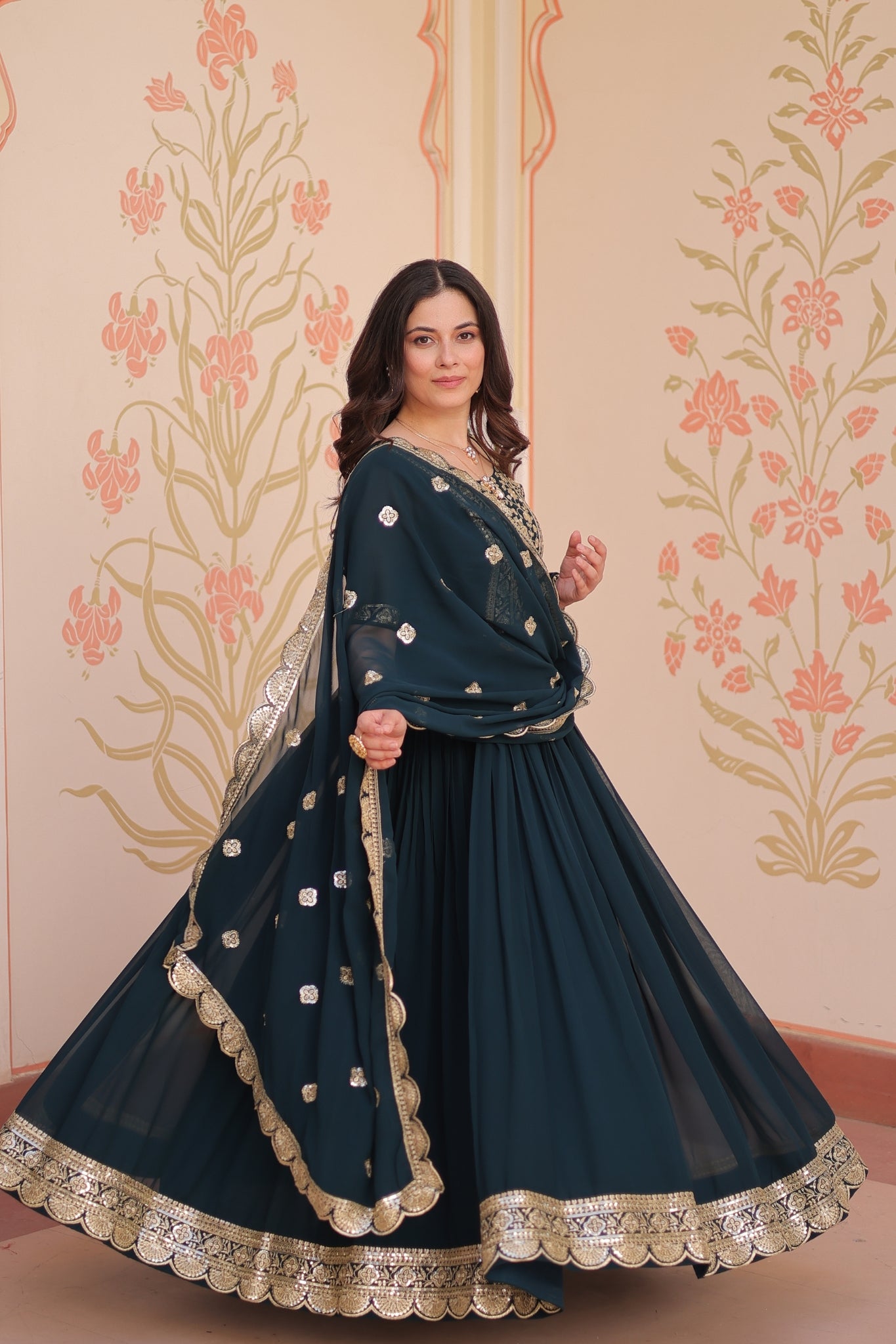 Embroidery Zari Sequins Work Designer Gown With Dupatta Set